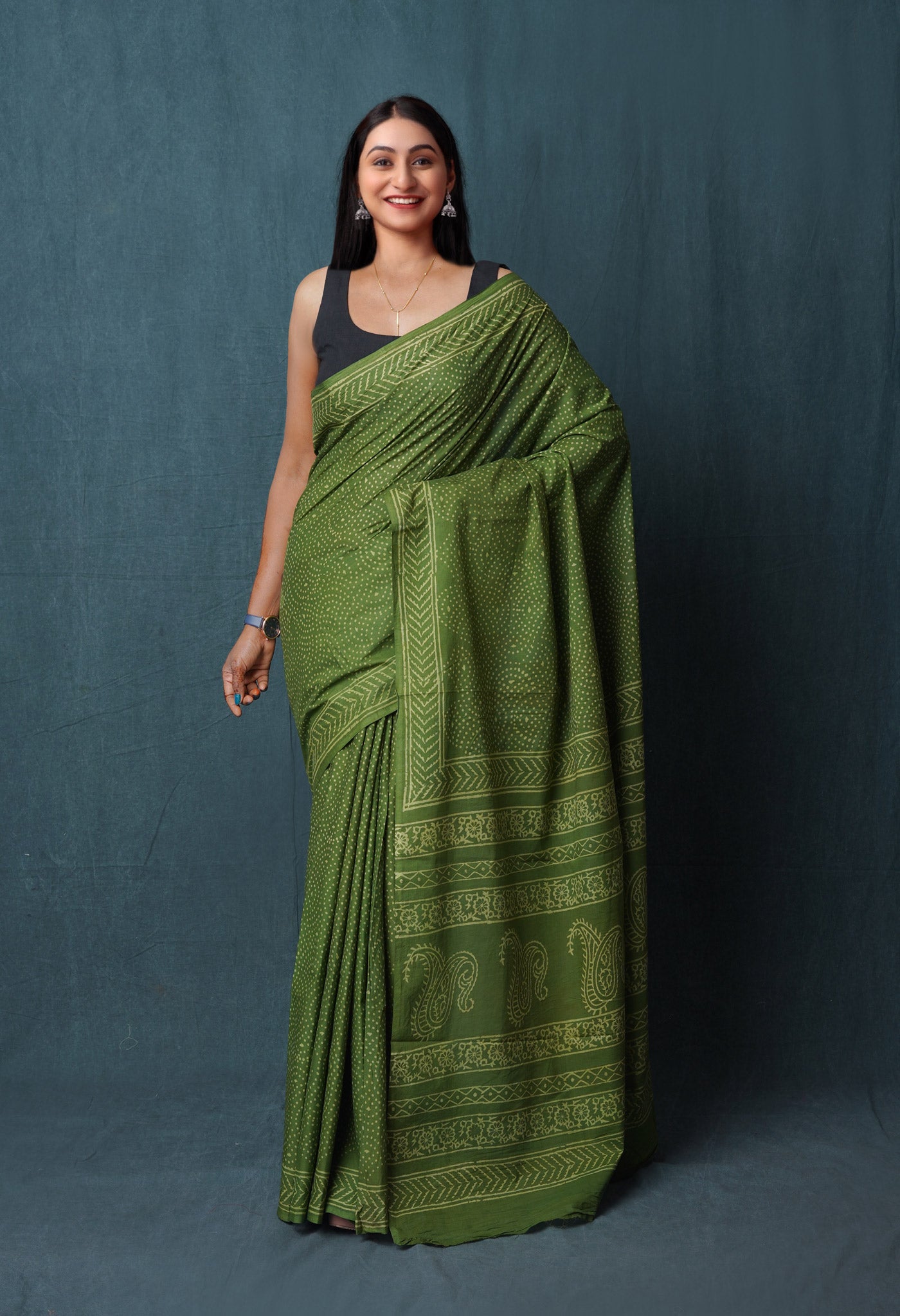 Green Pure Hand Block Discharge Printed Soft Cotton Saree