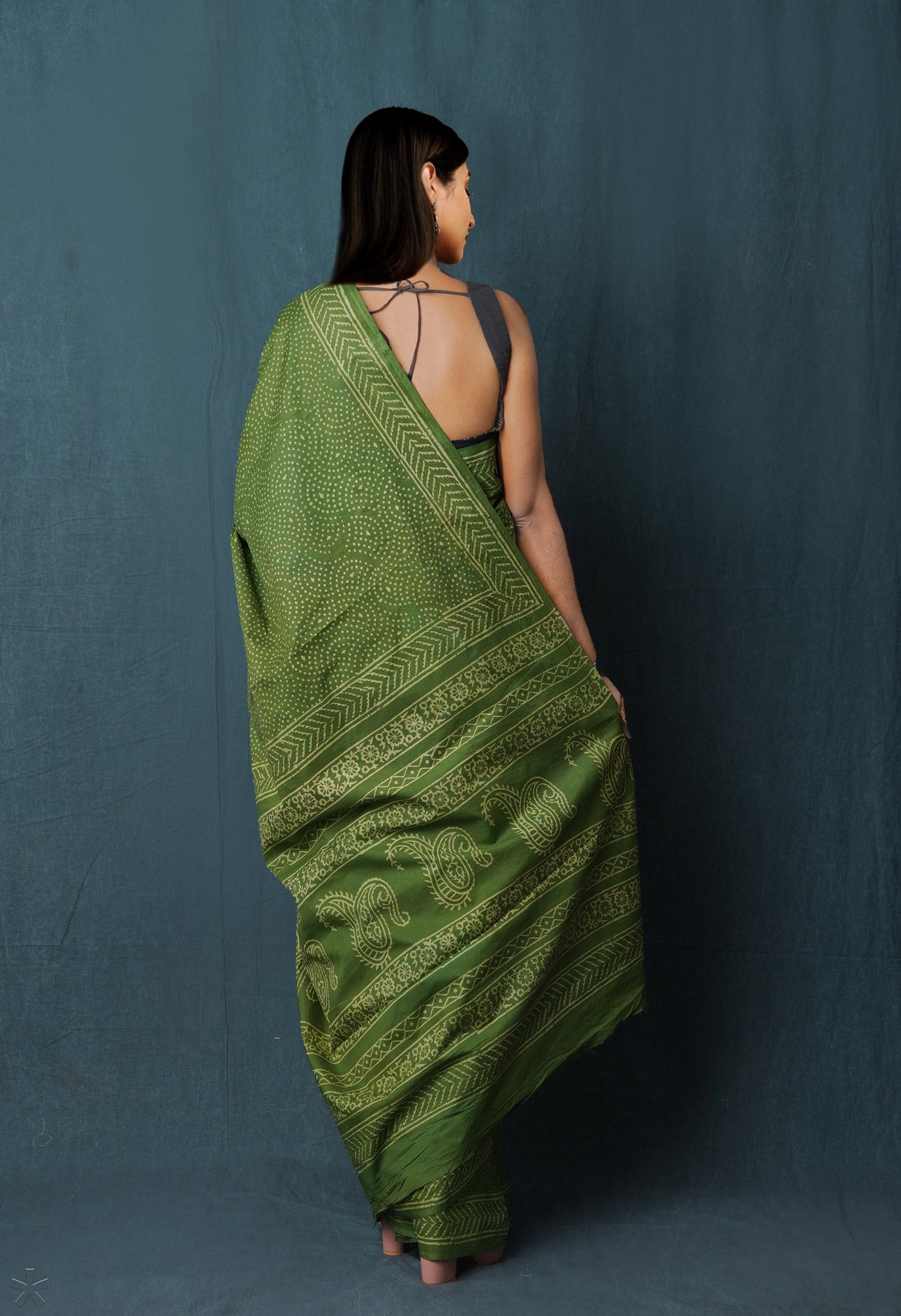 Green Pure Hand Block Discharge Printed Soft Cotton Saree