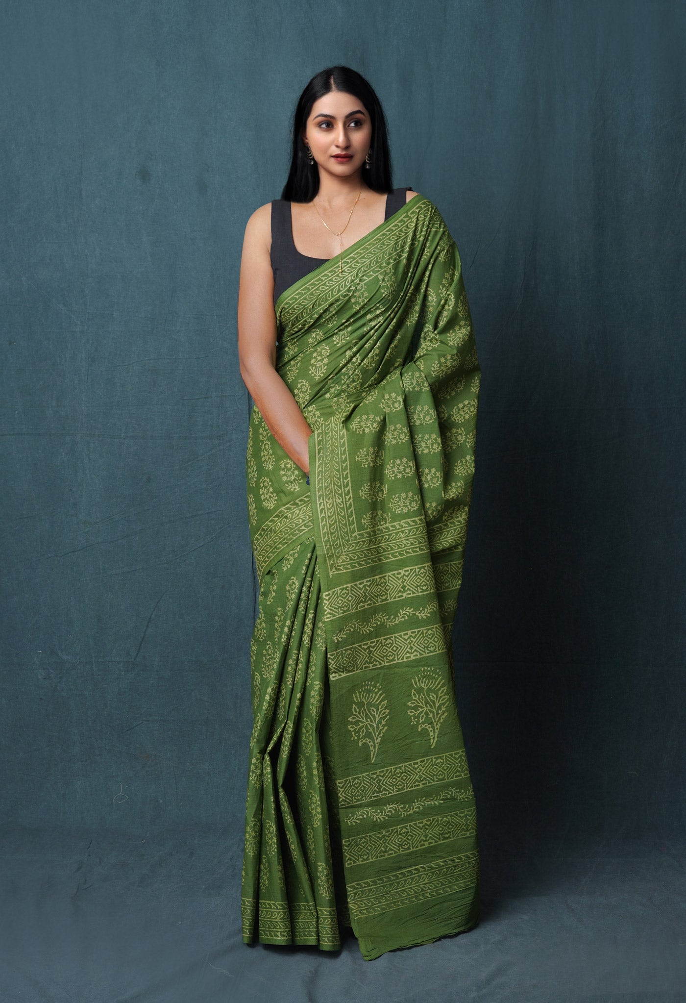 Green Pure Hand Block Discharge Printed Soft Cotton Saree