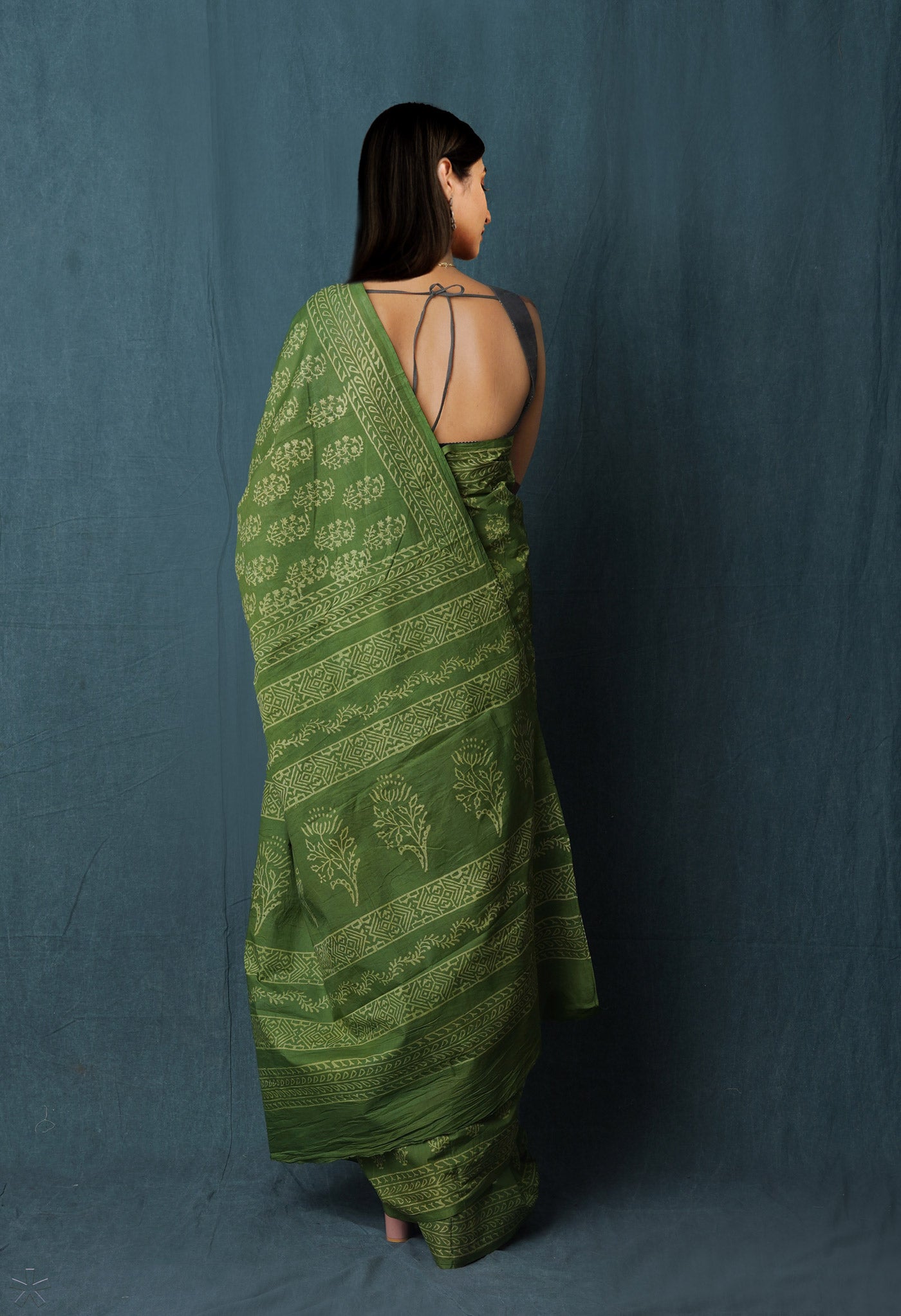 Green Pure Hand Block Discharge Printed Soft Cotton Saree