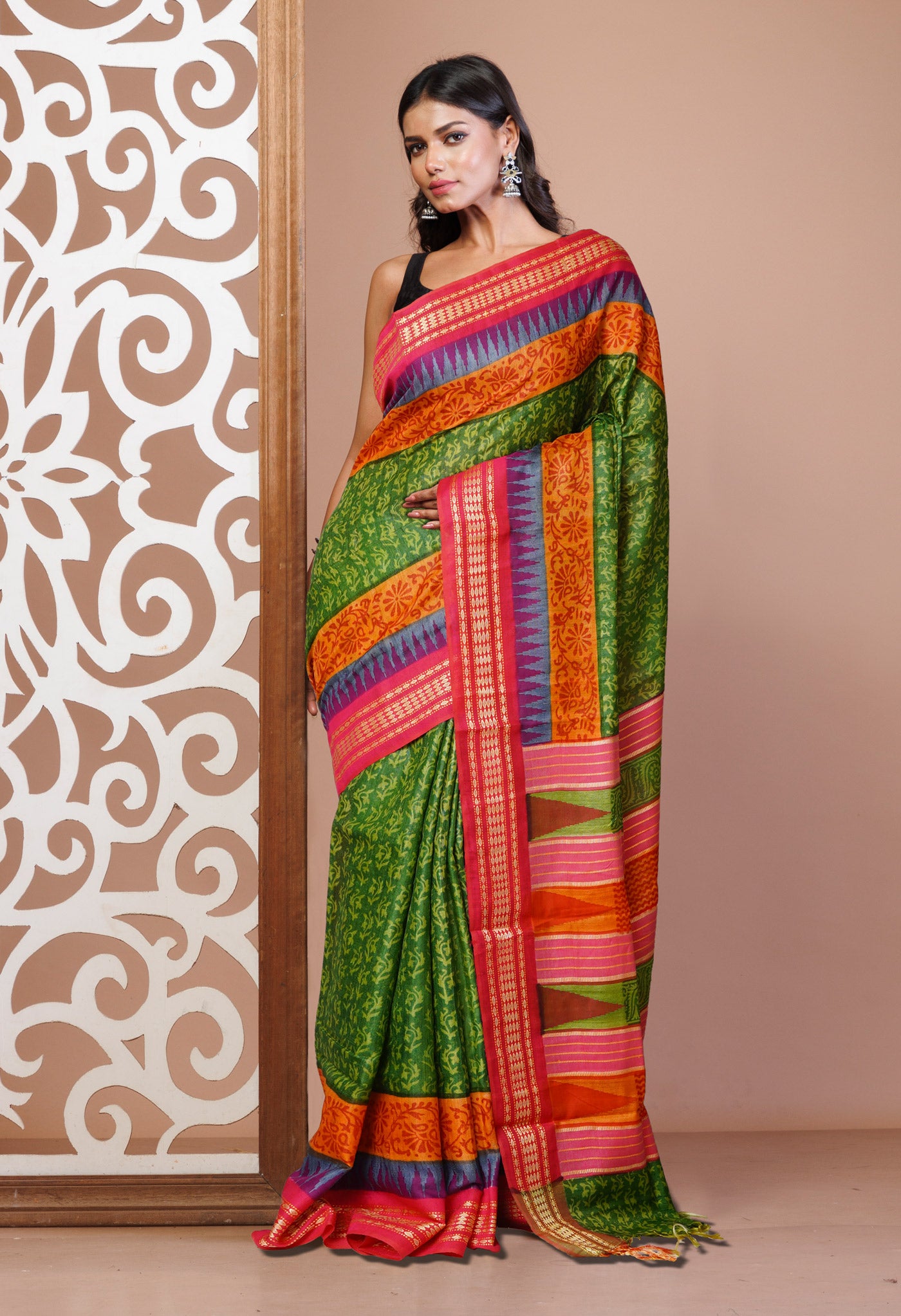 Green Pure Handloom Printed Vidarbha Tussar Silk Saree-UNM77407