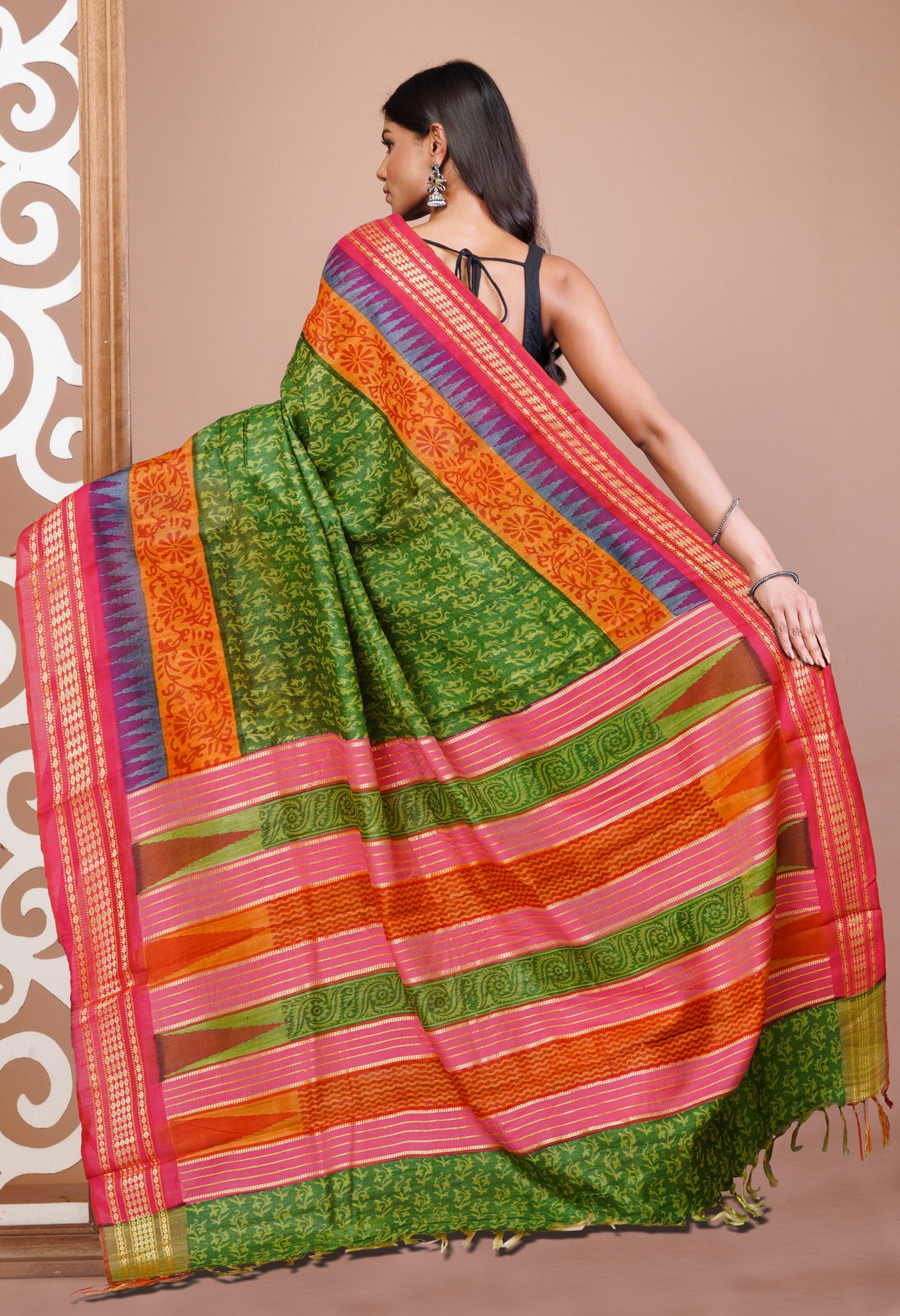 Green Pure Handloom Printed Vidarbha Tussar Silk Saree-UNM77407