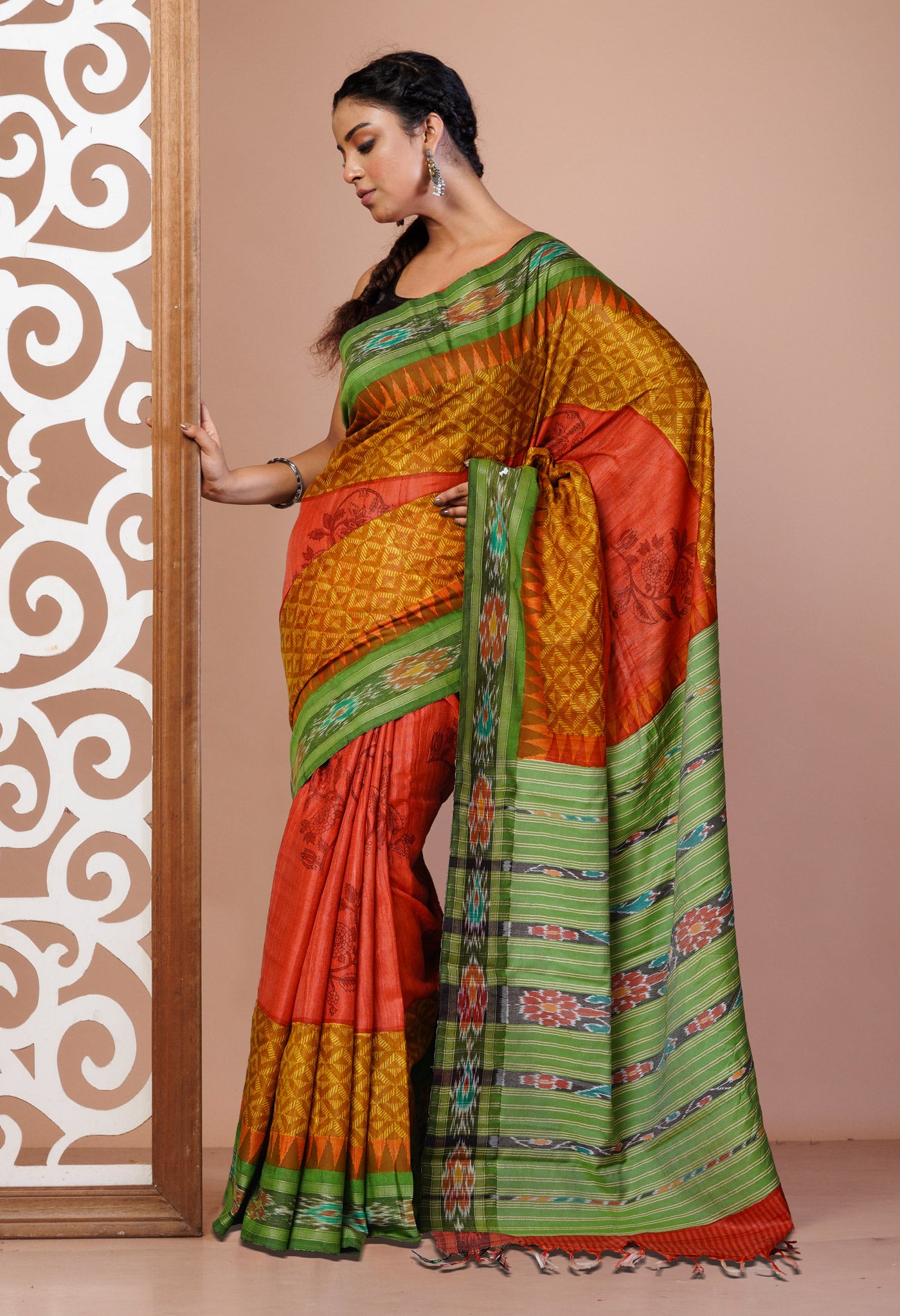 Red Pure Handloom Printed Vidarbha Tussar Silk Saree-UNM77413