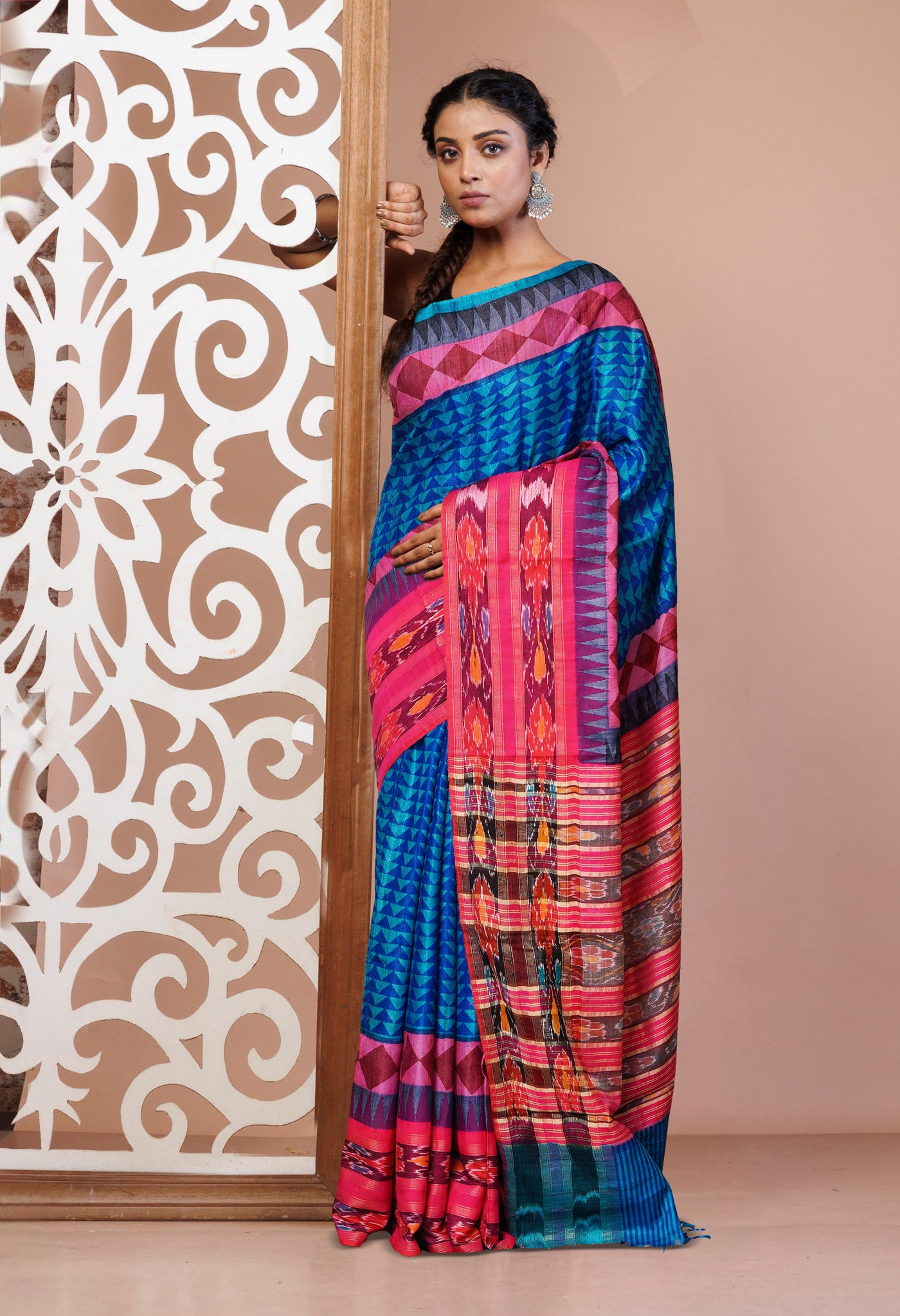 Blue Pure Handloom Printed Vidarbha Tussar Silk Saree-UNM77417
