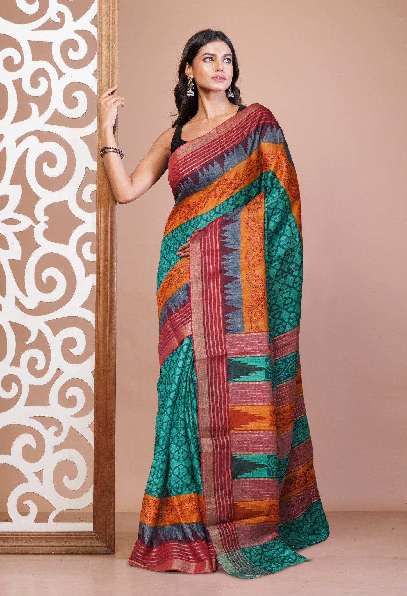 Green Pure Handloom Printed Vidarbha Tussar Silk Saree-UNM77421