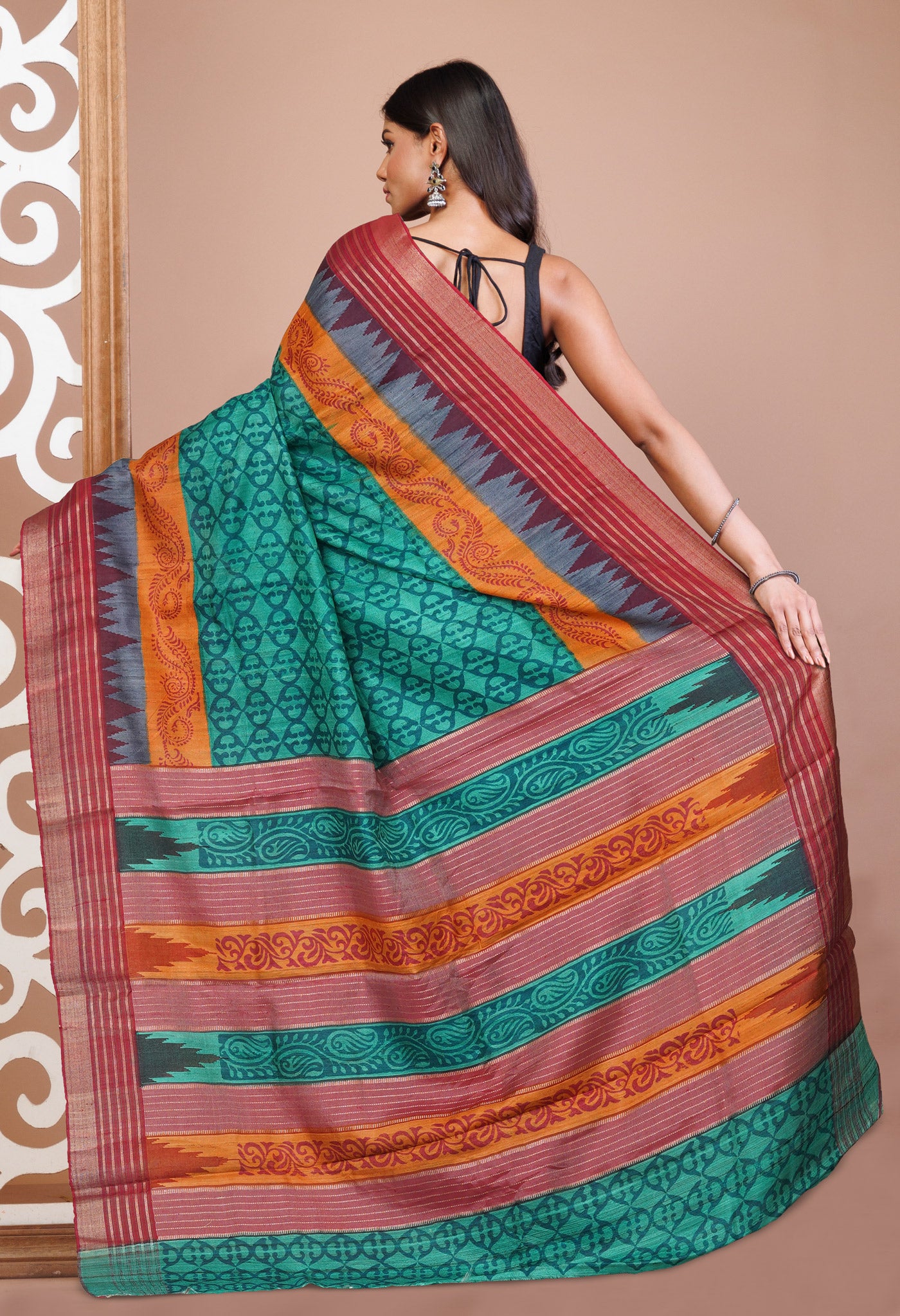 Green Pure Handloom Printed Vidarbha Tussar Silk Saree-UNM77421