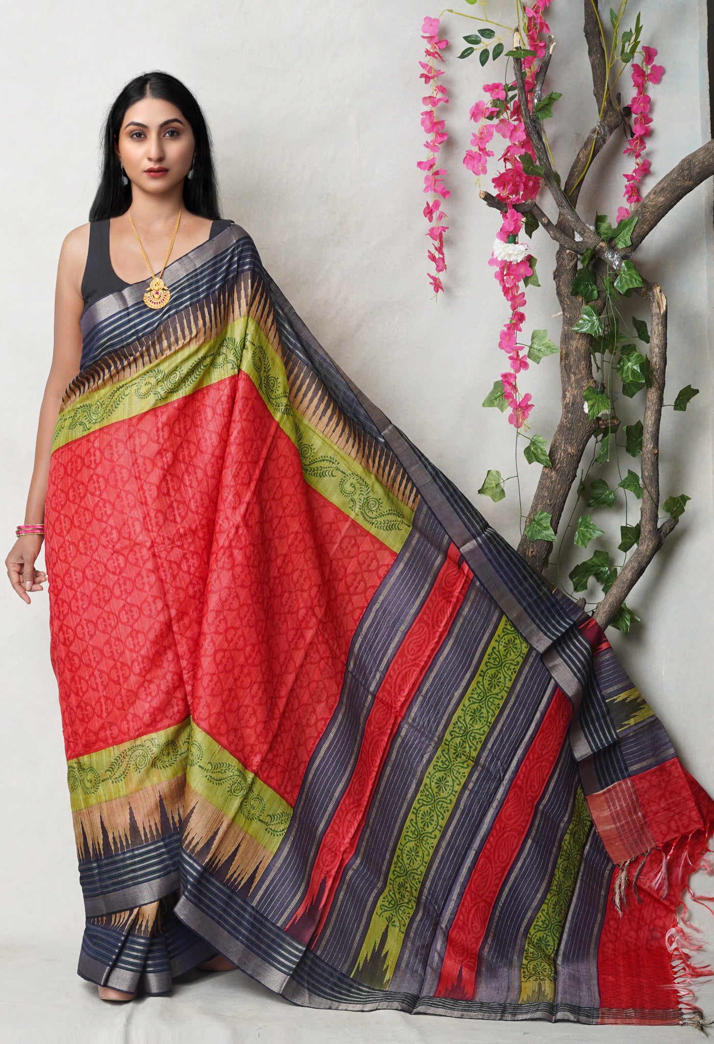 Red Pure Handloom Printed Vidarbha Tussar Silk Saree