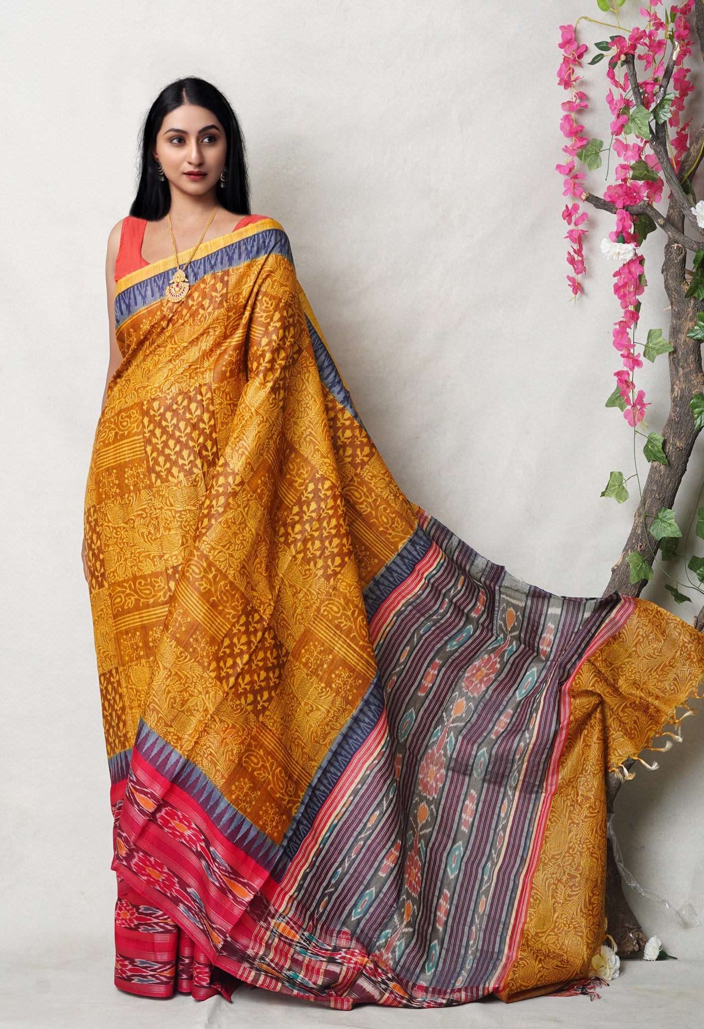 Yellow Pure Handloom Printed Vidarbha Tussar  Silk Saree