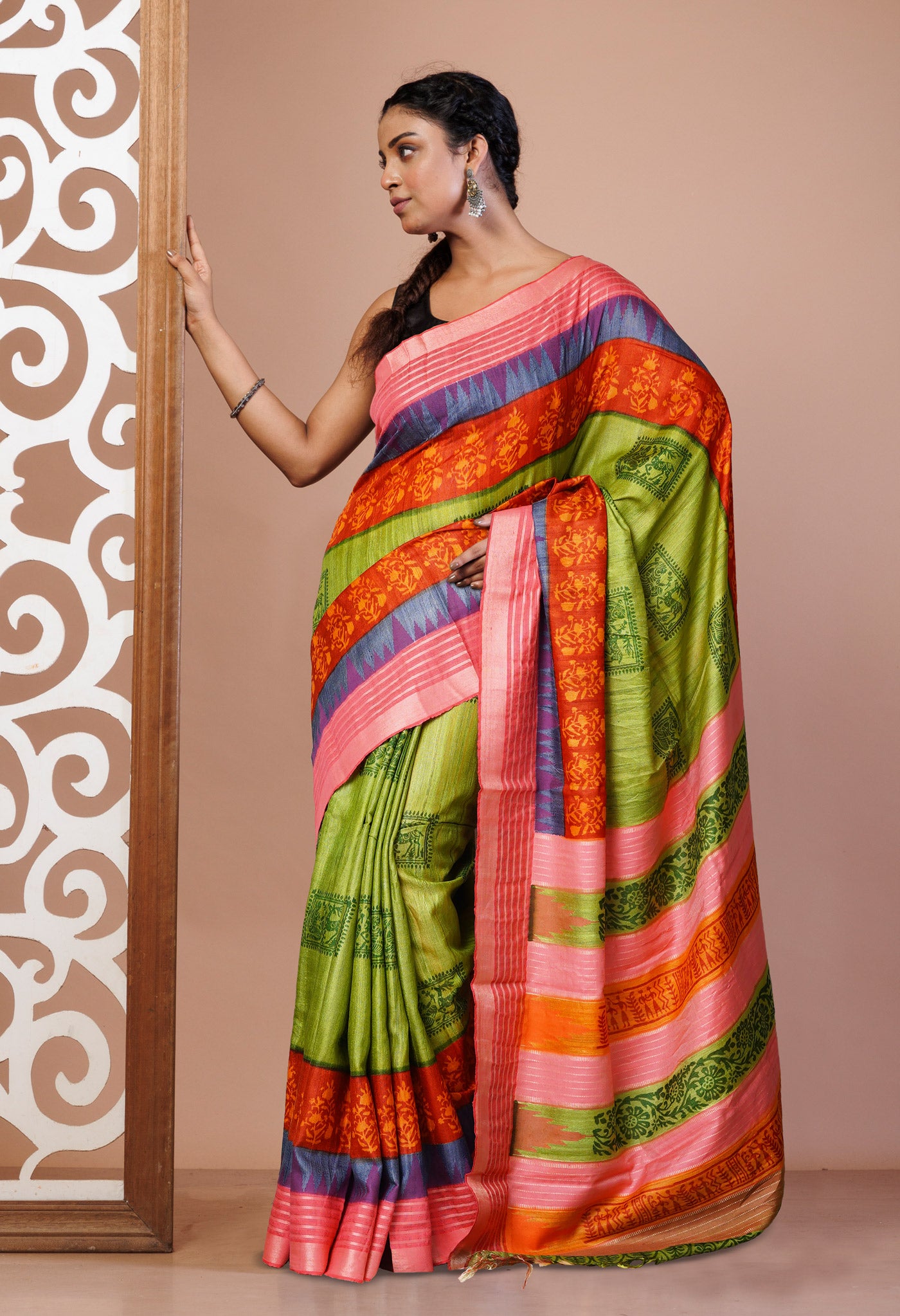 Green Pure Handloom Printed Vidarbha Tussar Silk Saree-UNM77444