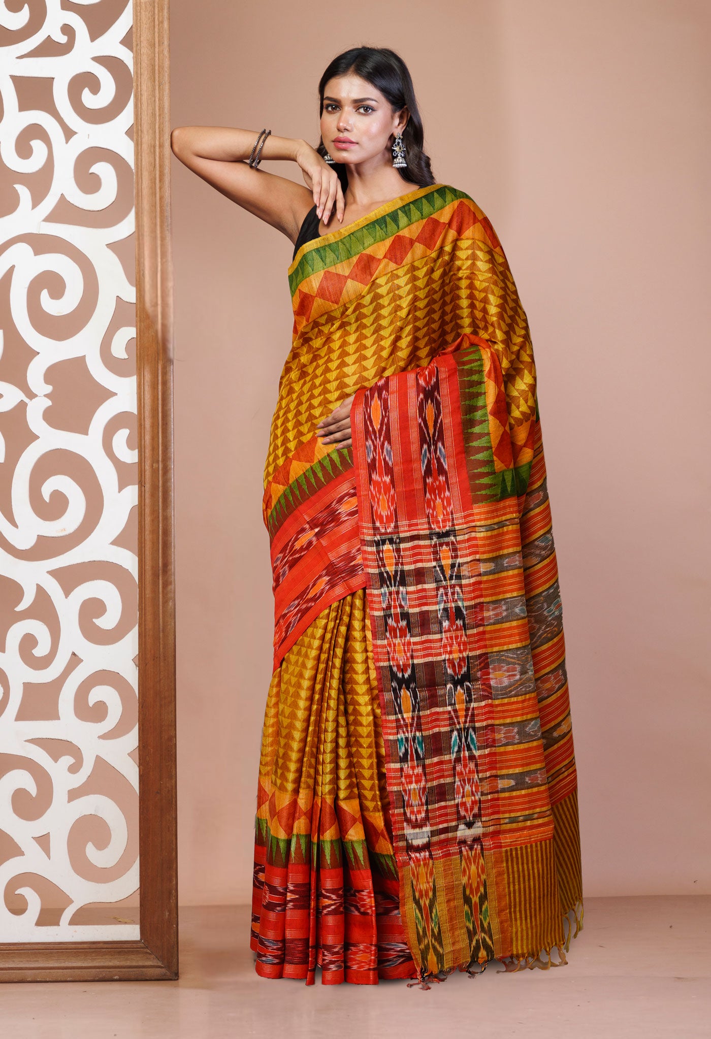 Yellow Pure Handloom Printed Vidarbha Tussar Silk Saree-UNM77446