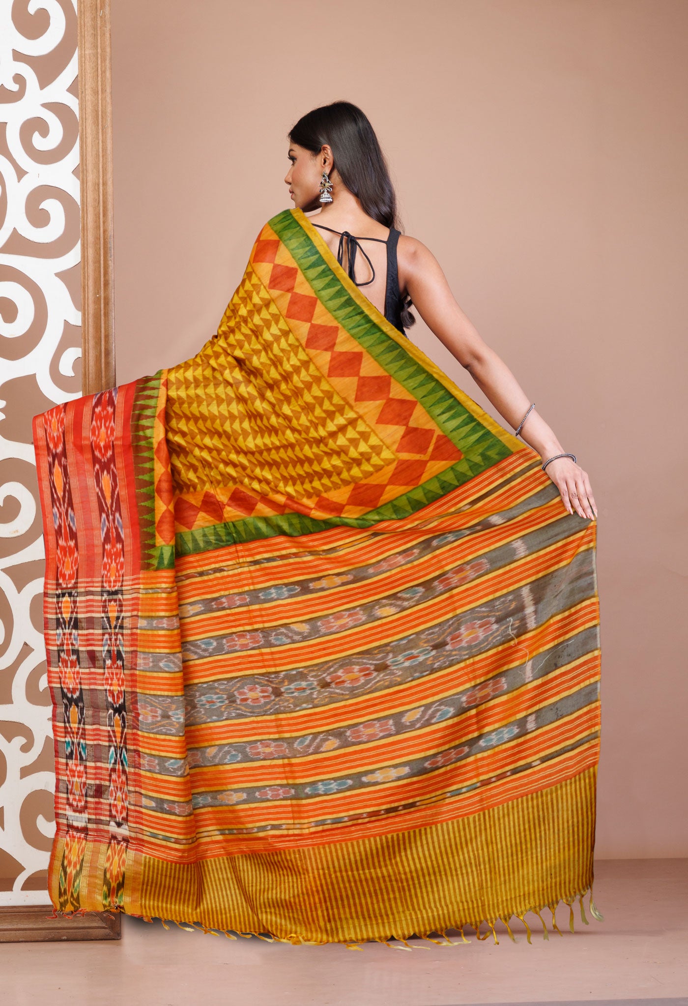 Yellow Pure Handloom Printed Vidarbha Tussar Silk Saree-UNM77446