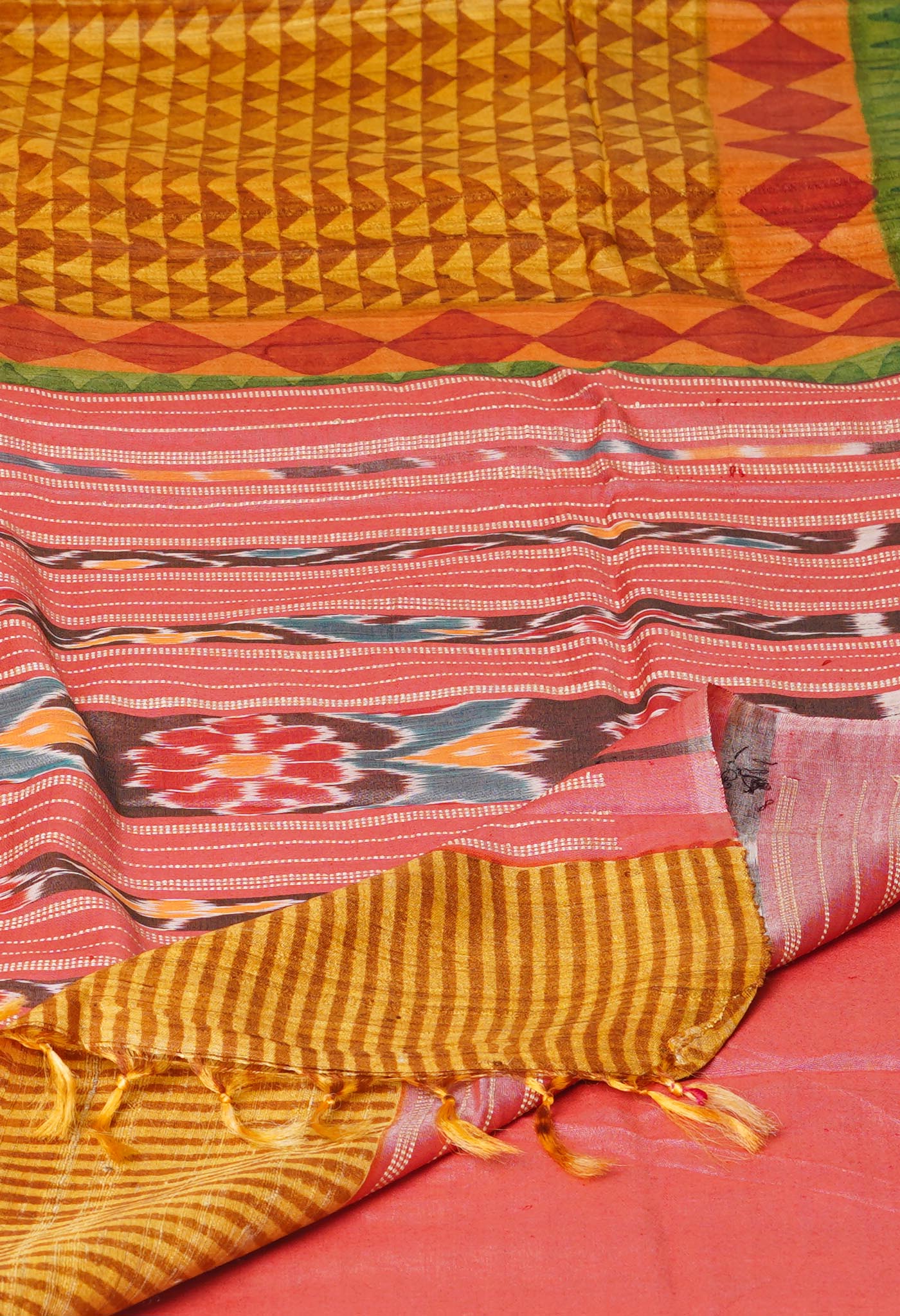 Yellow Pure Handloom Printed Vidarbha Tussar Silk Saree-UNM77446