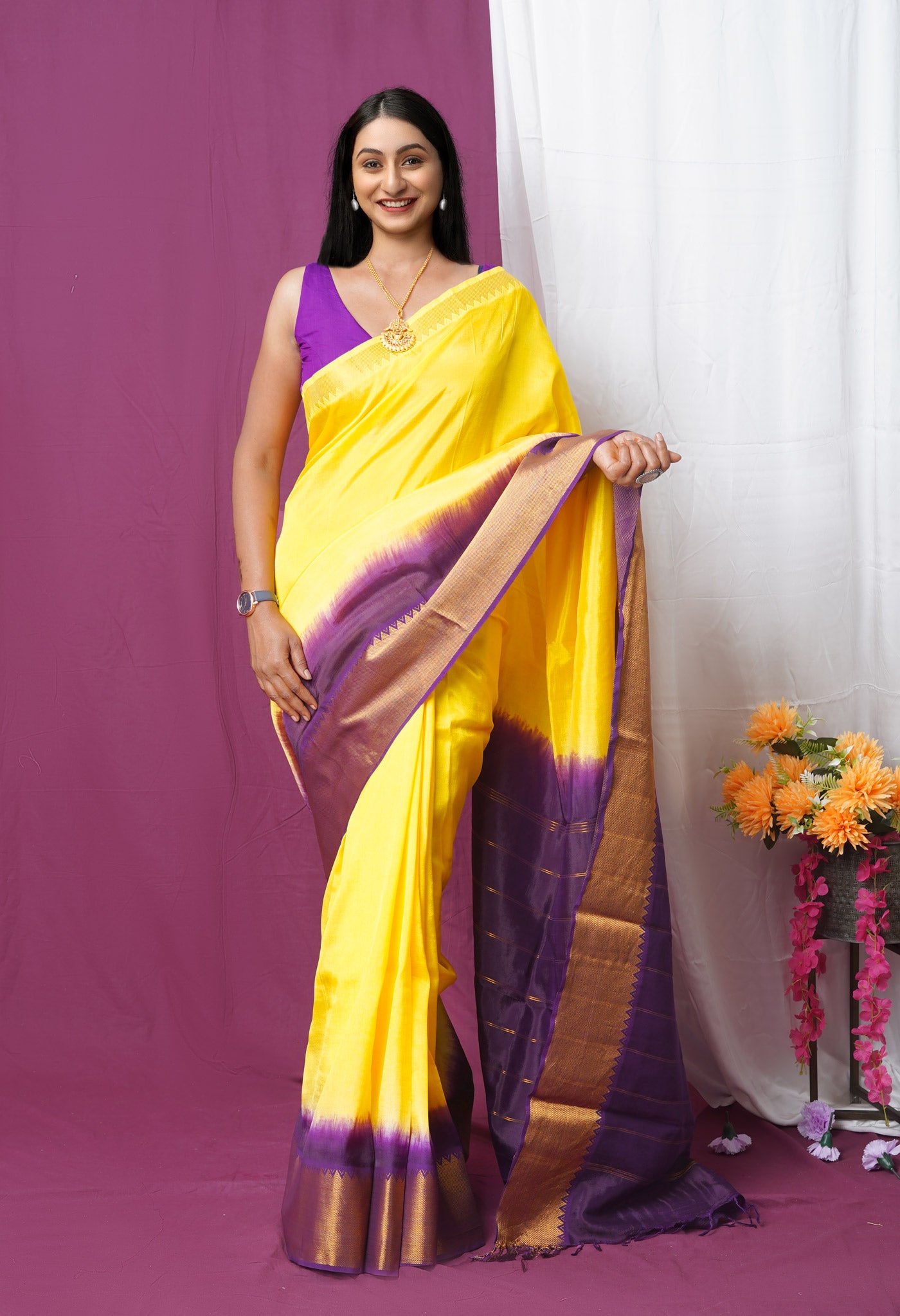 Yellow  Plain Dyed With Zari Brocade Soft Silk Saree