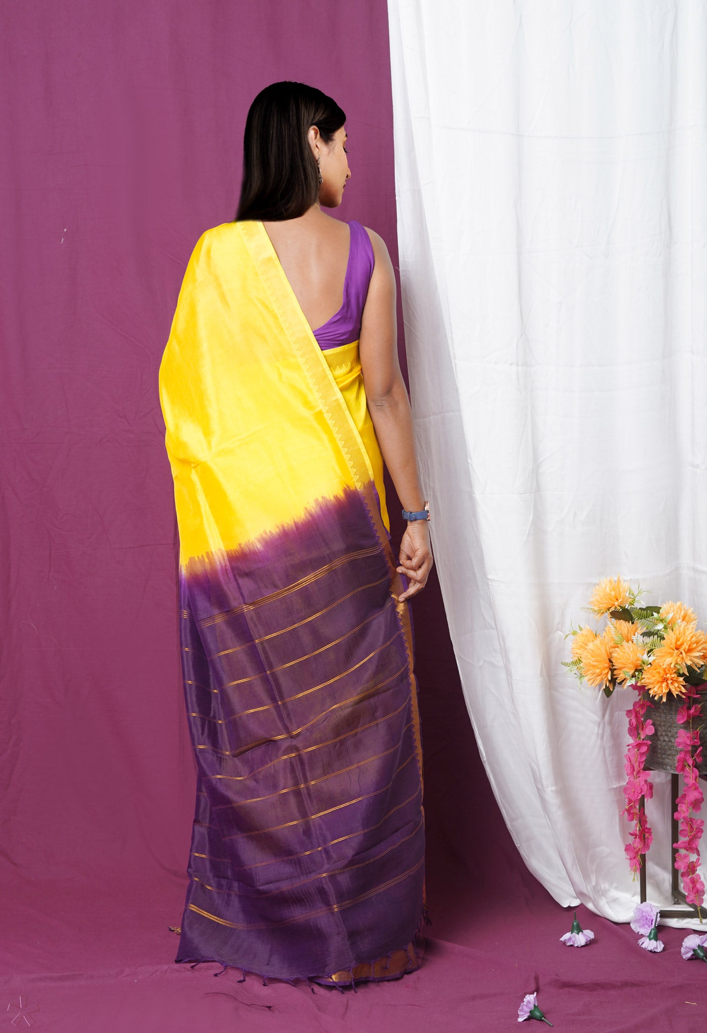 Yellow  Plain Dyed With Zari Brocade Soft Silk Saree