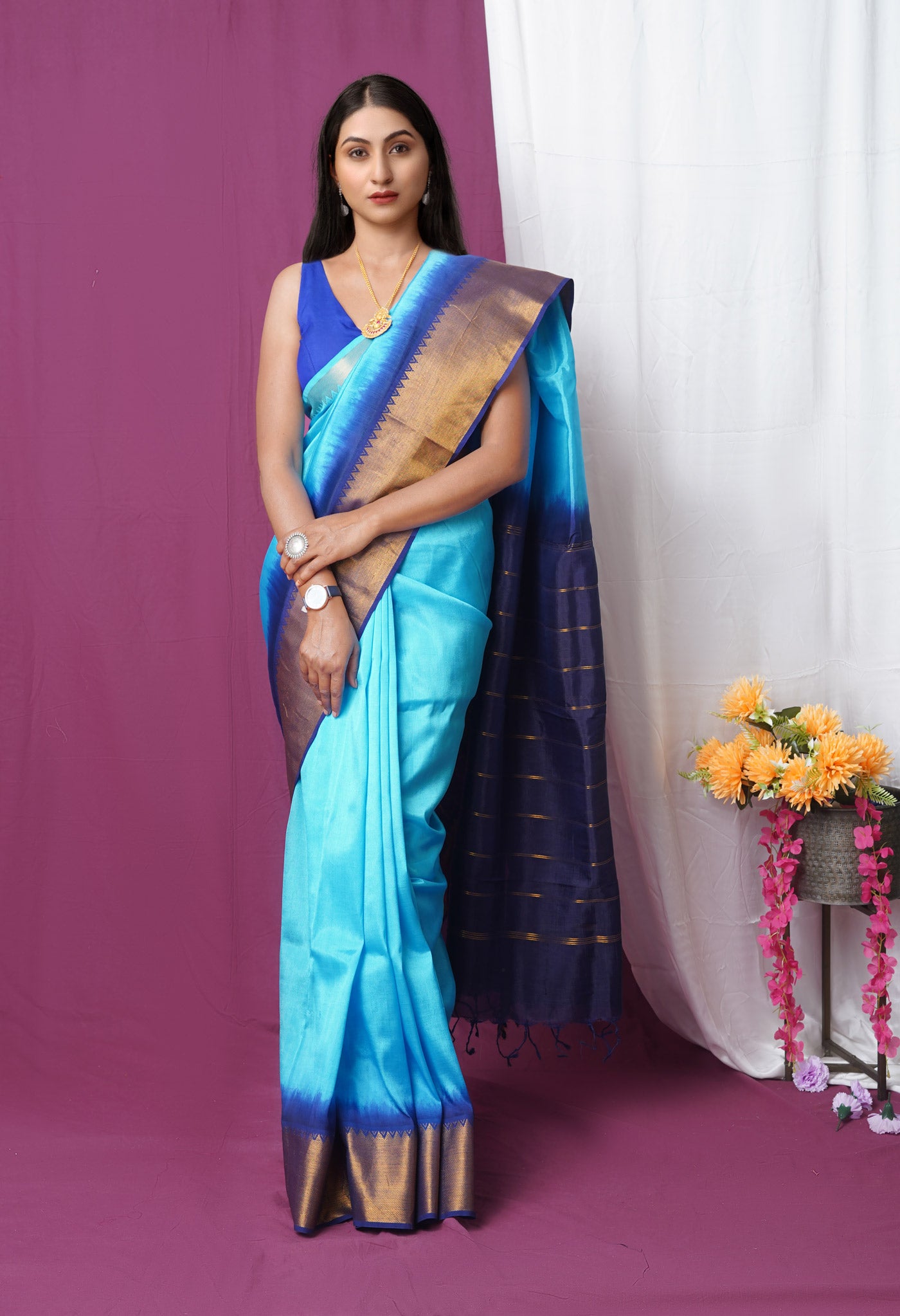 Blue  Plain Dyed With Zari Brocade Soft Silk Saree