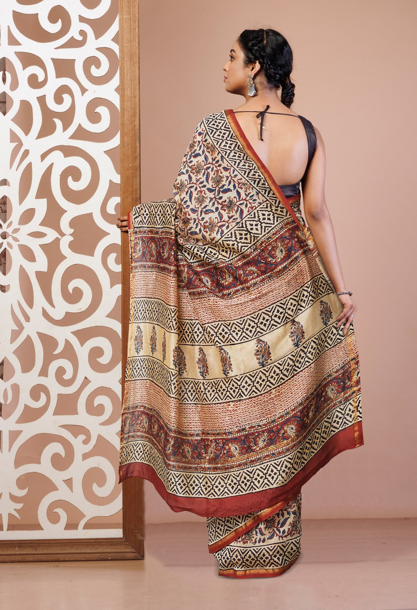 Cream Pure Bagru Kalamkari Printed Chanderi Sico Saree-UNM77456