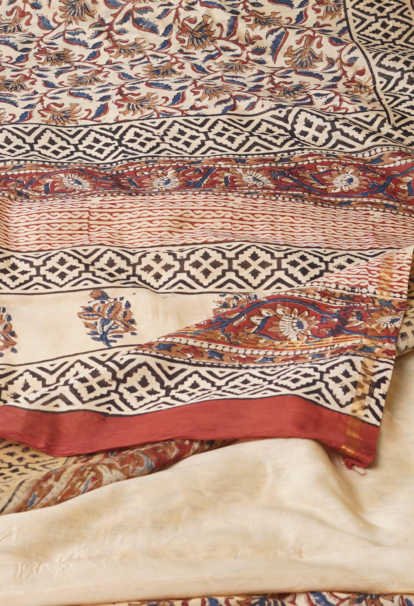 Cream Pure Bagru Kalamkari Printed Chanderi Sico Saree-UNM77456