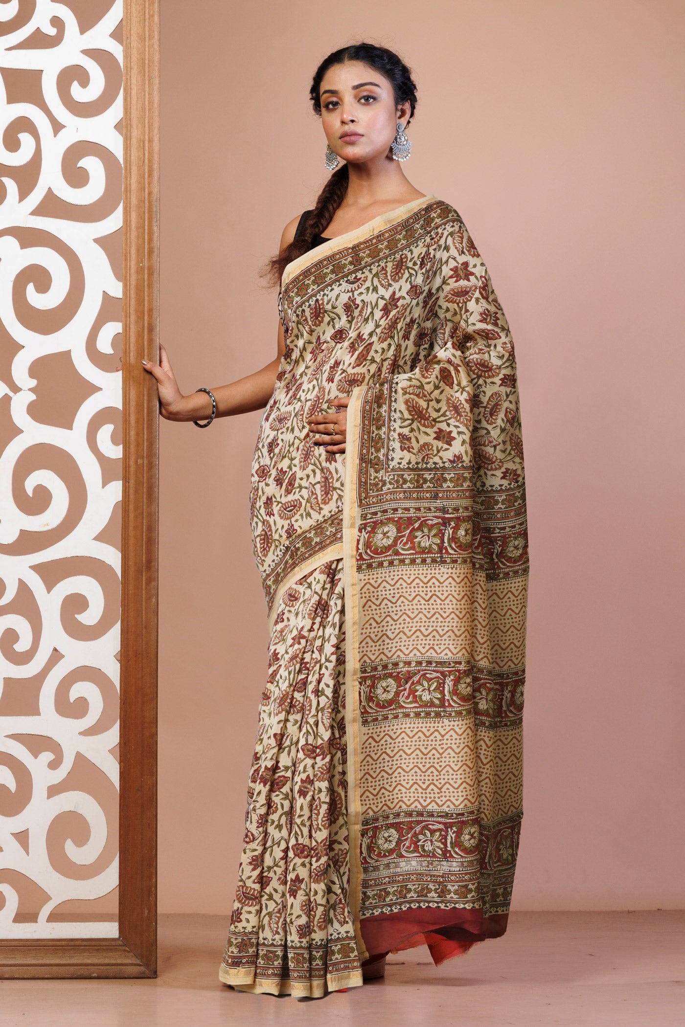 Cream Pure Bagru Kalamkari Printed Chanderi Sico Saree-UNM77457