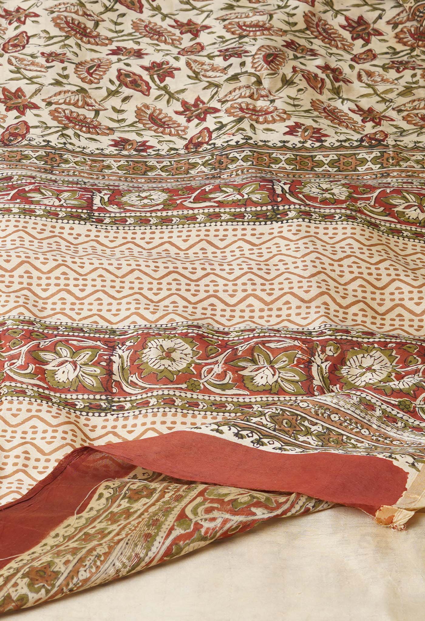 Cream Pure Bagru Kalamkari Printed Chanderi Sico Saree-UNM77457
