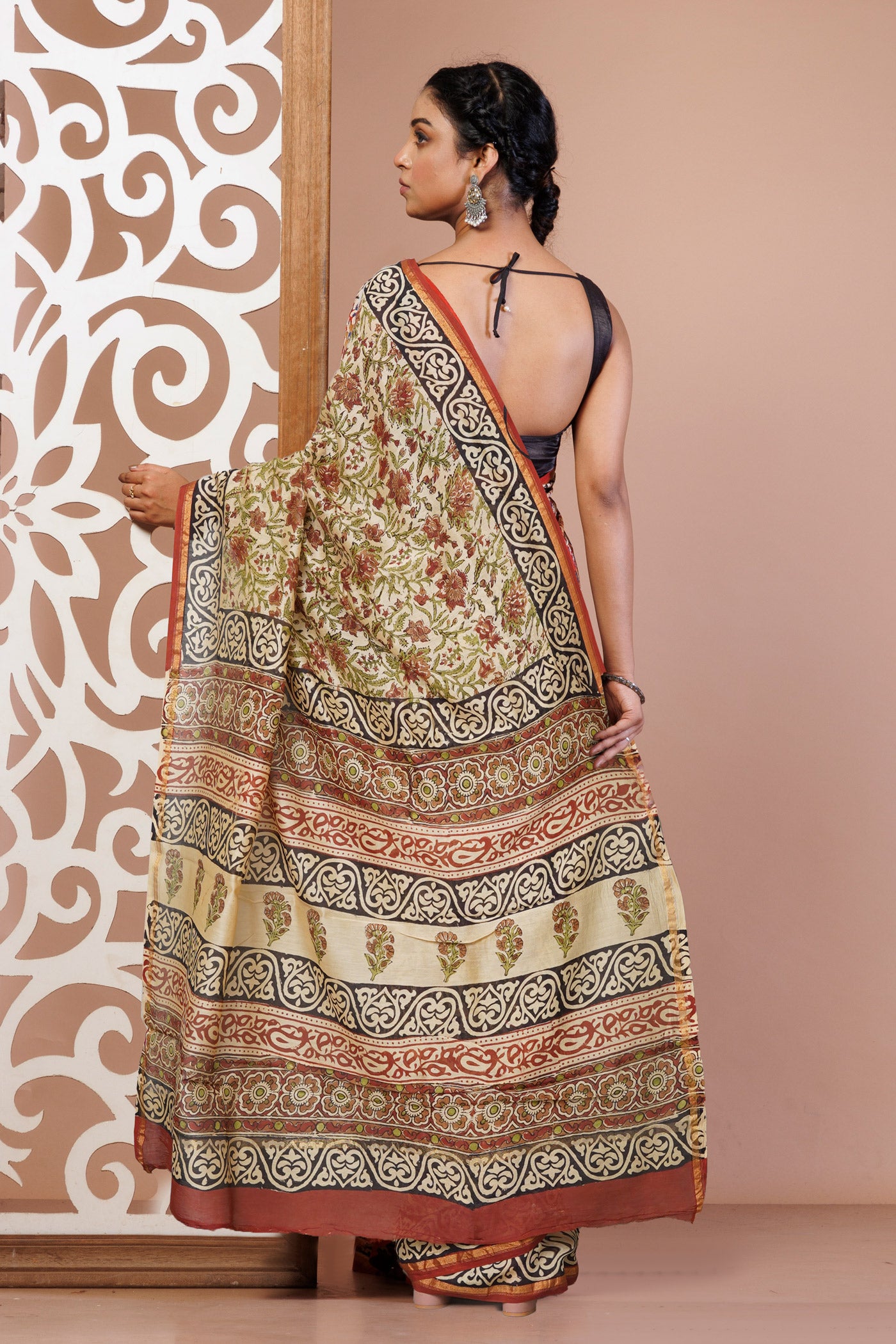 Cream Pure Bagru Kalamkari Printed Chanderi Sico Saree-UNM77461