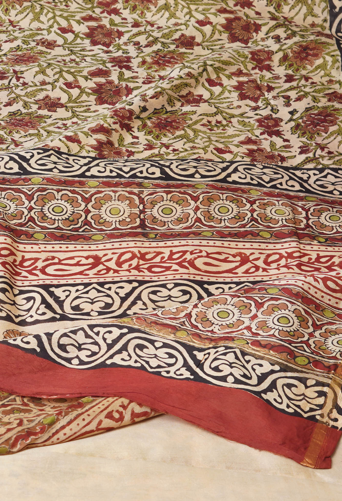 Cream Pure Bagru Kalamkari Printed Chanderi Sico Saree-UNM77461