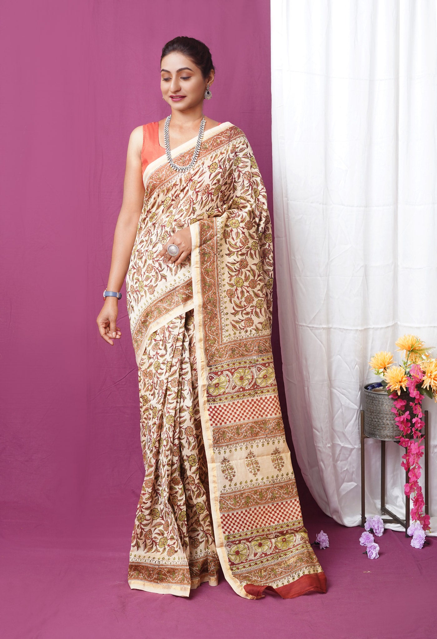 Cream Pure Bagru Kalamkari Printed Chanderi Sico Saree