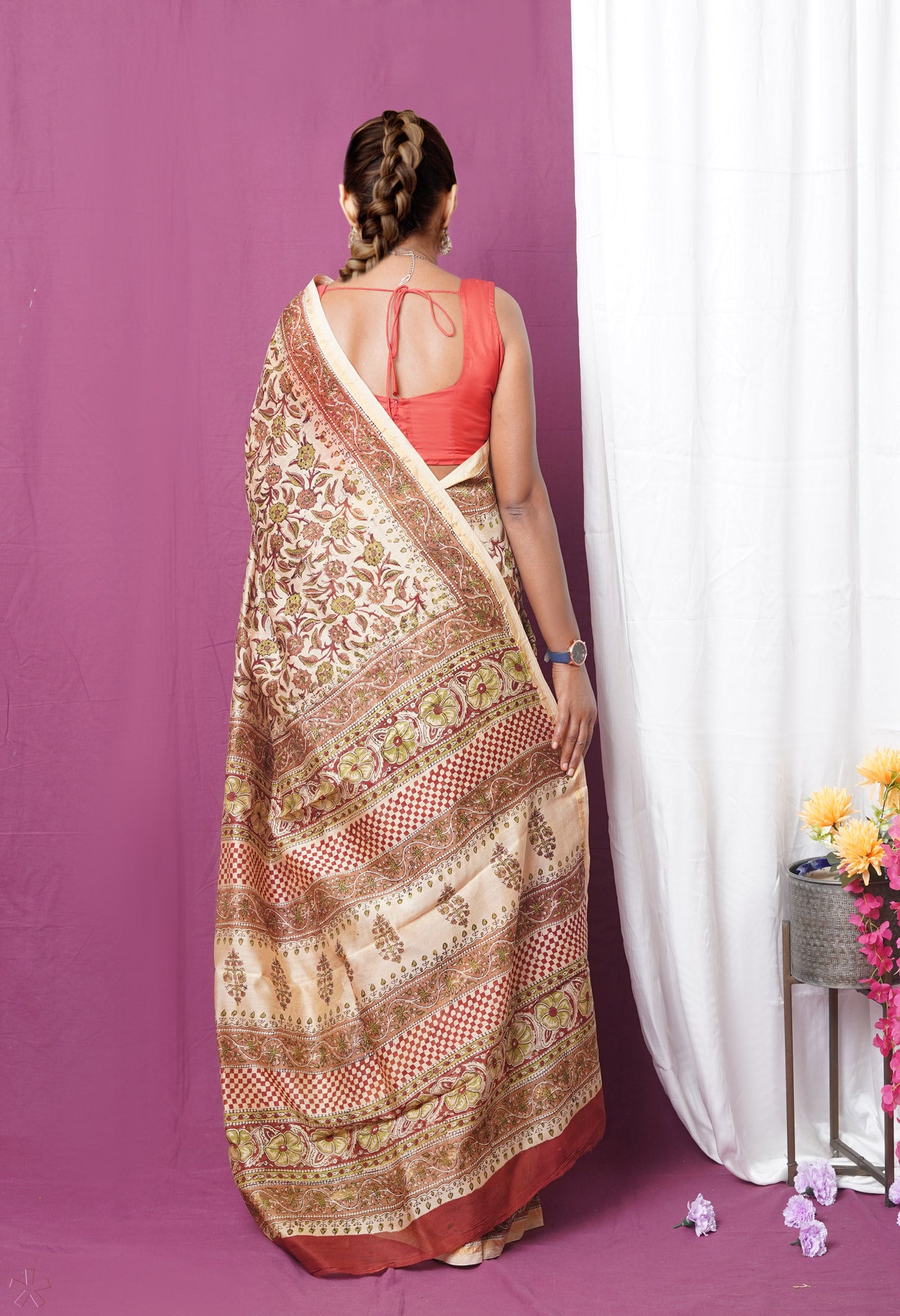 Cream Pure Bagru Kalamkari Printed Chanderi Sico Saree