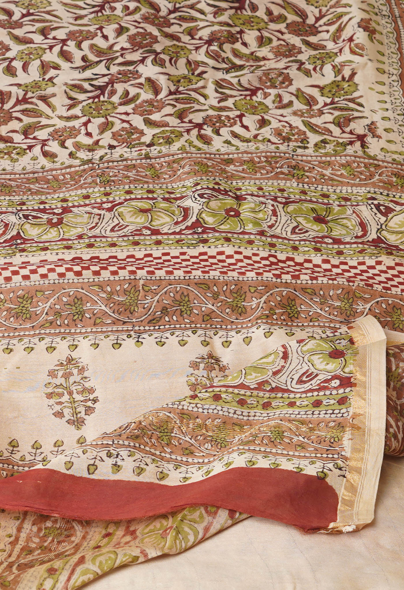 Cream Pure Bagru Kalamkari Printed Chanderi Sico Saree