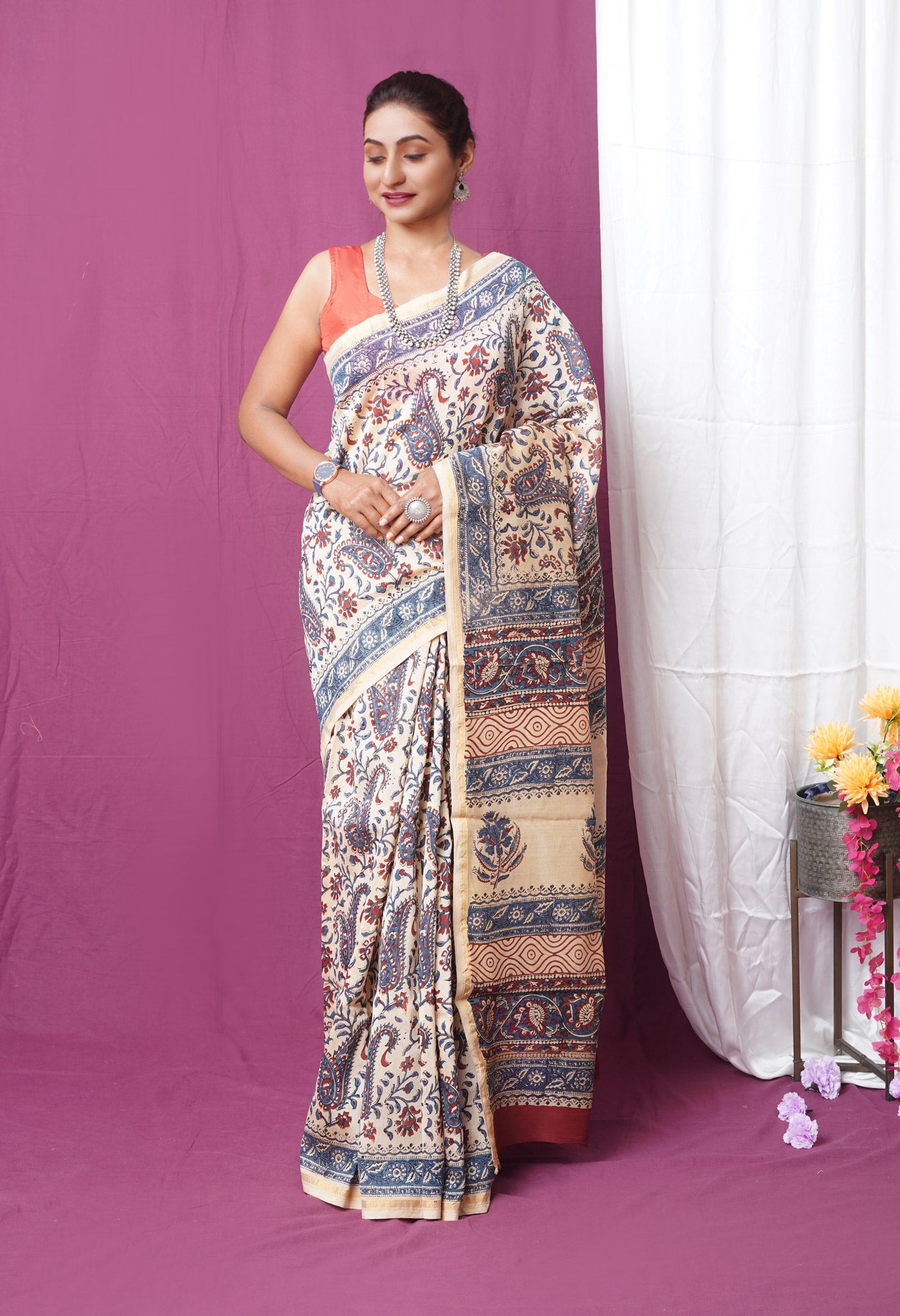 Cream Pure Bagru Kalamkari Printed Chanderi Sico Saree