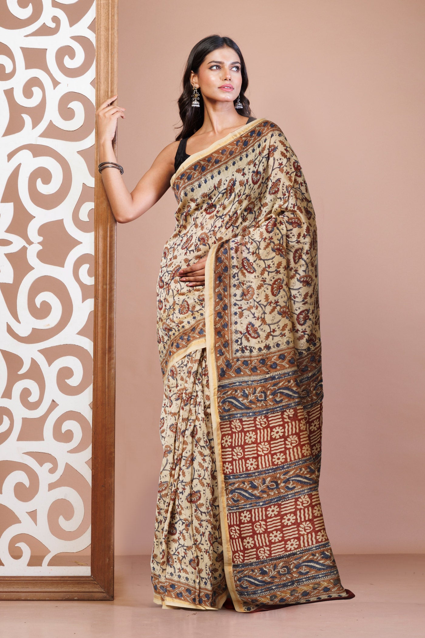 Cream Pure Bagru Kalamkari Printed Chanderi Sico Saree-UNM77472