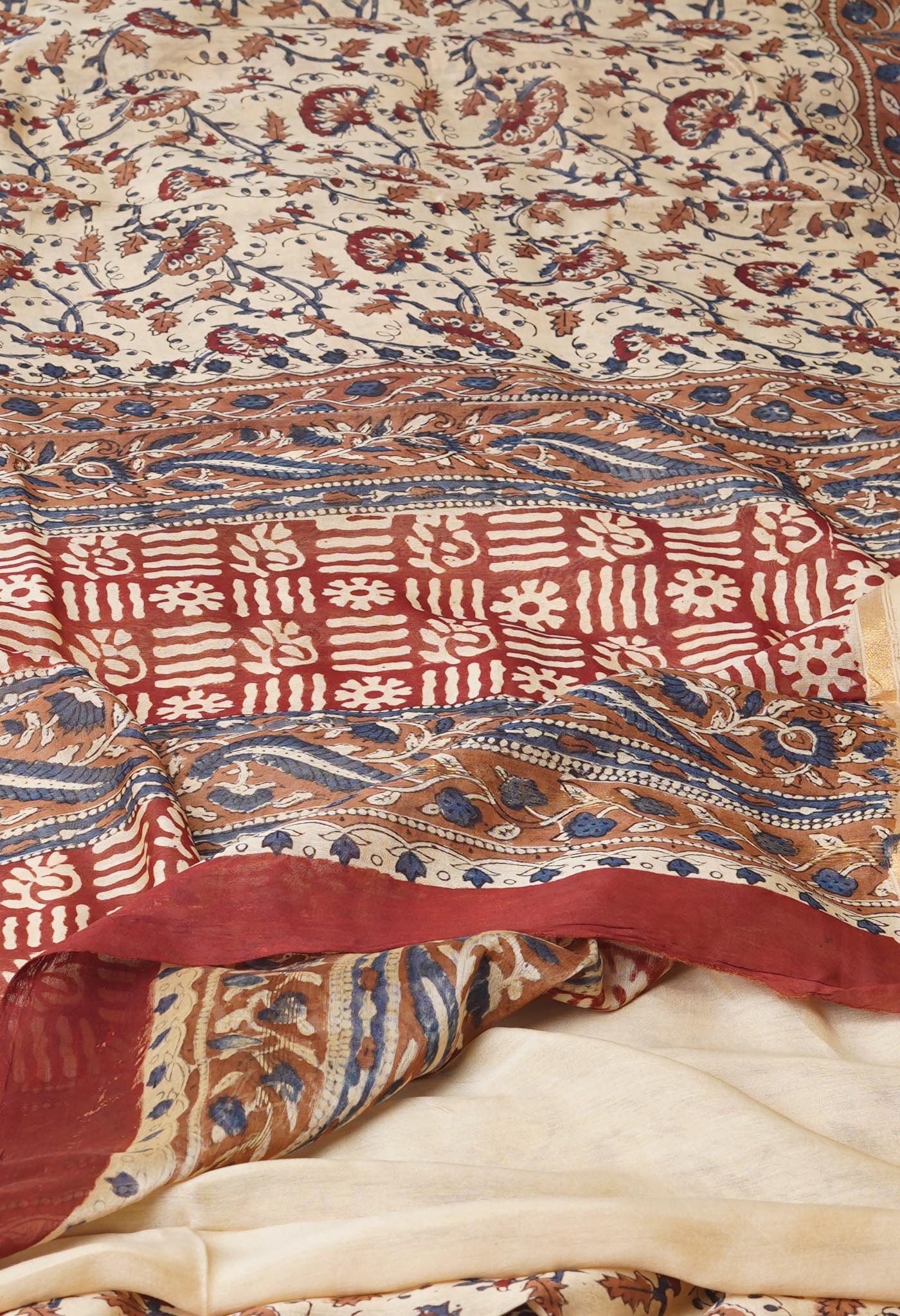 Cream Pure Bagru Kalamkari Printed Chanderi Sico Saree-UNM77472