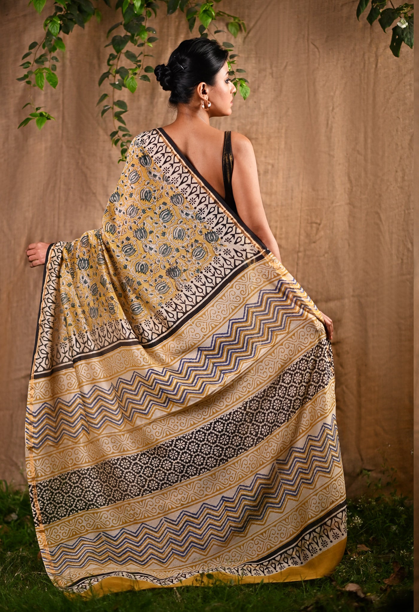 Yellow Pure Bagru Kalamkari Printed Chanderi Sico Saree-UNM77480