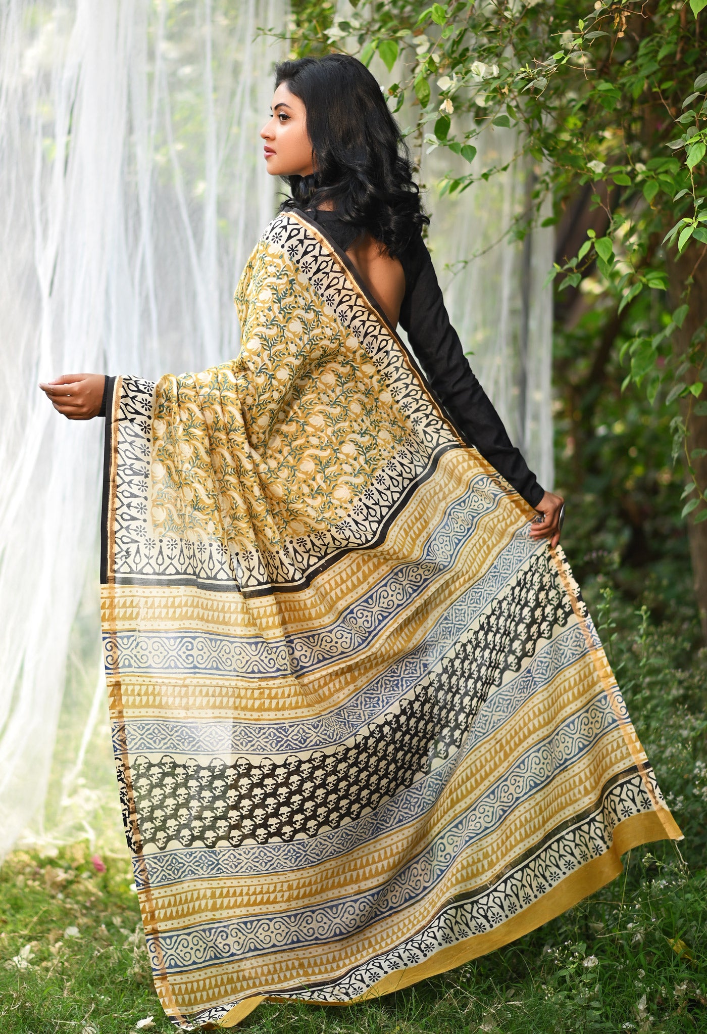 Yellow Pure Bagru Kalamkari Printed Chanderi Sico Saree-UNM77482