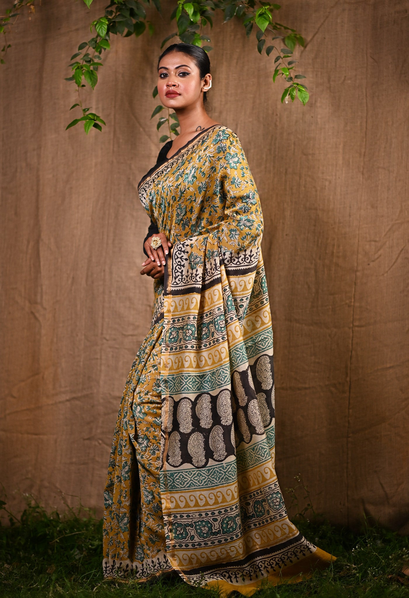 Yellow Pure Bagru Kalamkari Printed Chanderi Sico Saree-UNM77485