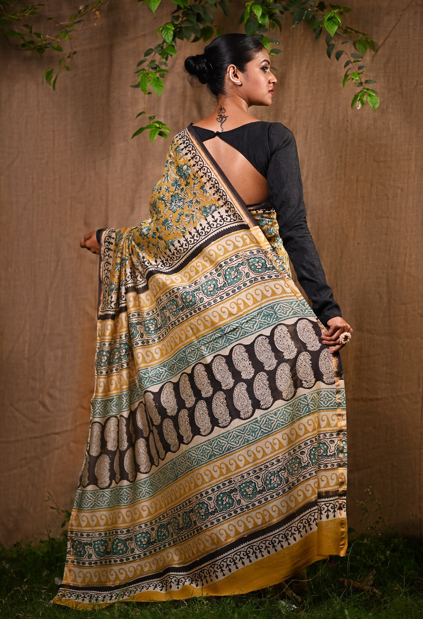 Yellow Pure Bagru Kalamkari Printed Chanderi Sico Saree-UNM77485