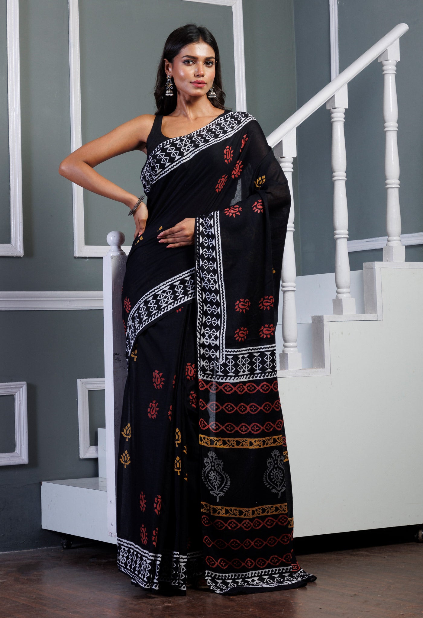 Black Pure Hand Block Printed Soft Cotton Saree