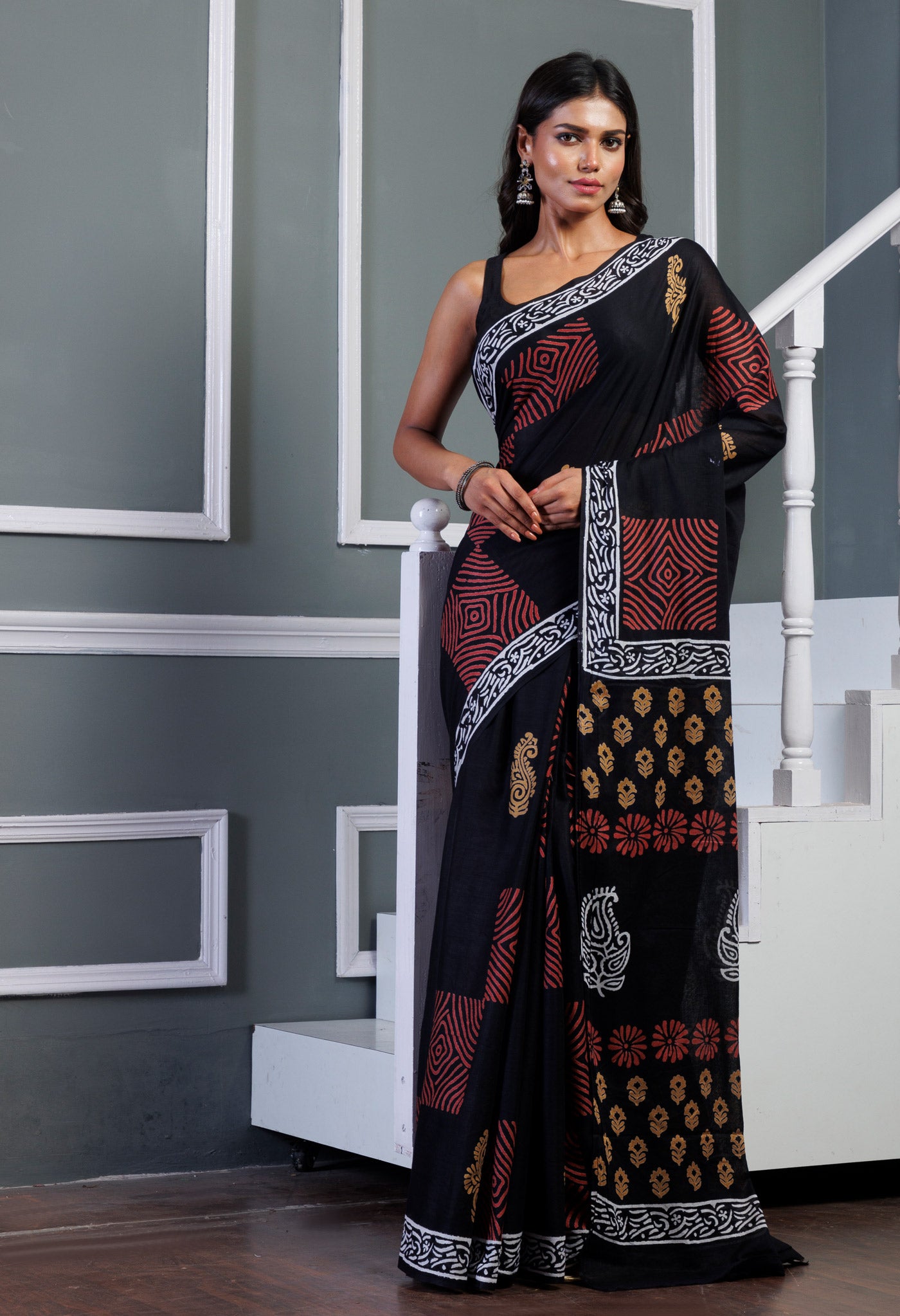 Black Pure Hand Block Printed Soft Cotton Saree