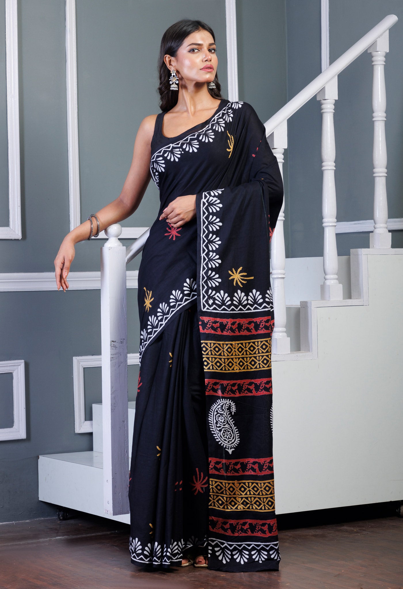 Black Pure Hand Block Printed Soft Cotton Saree