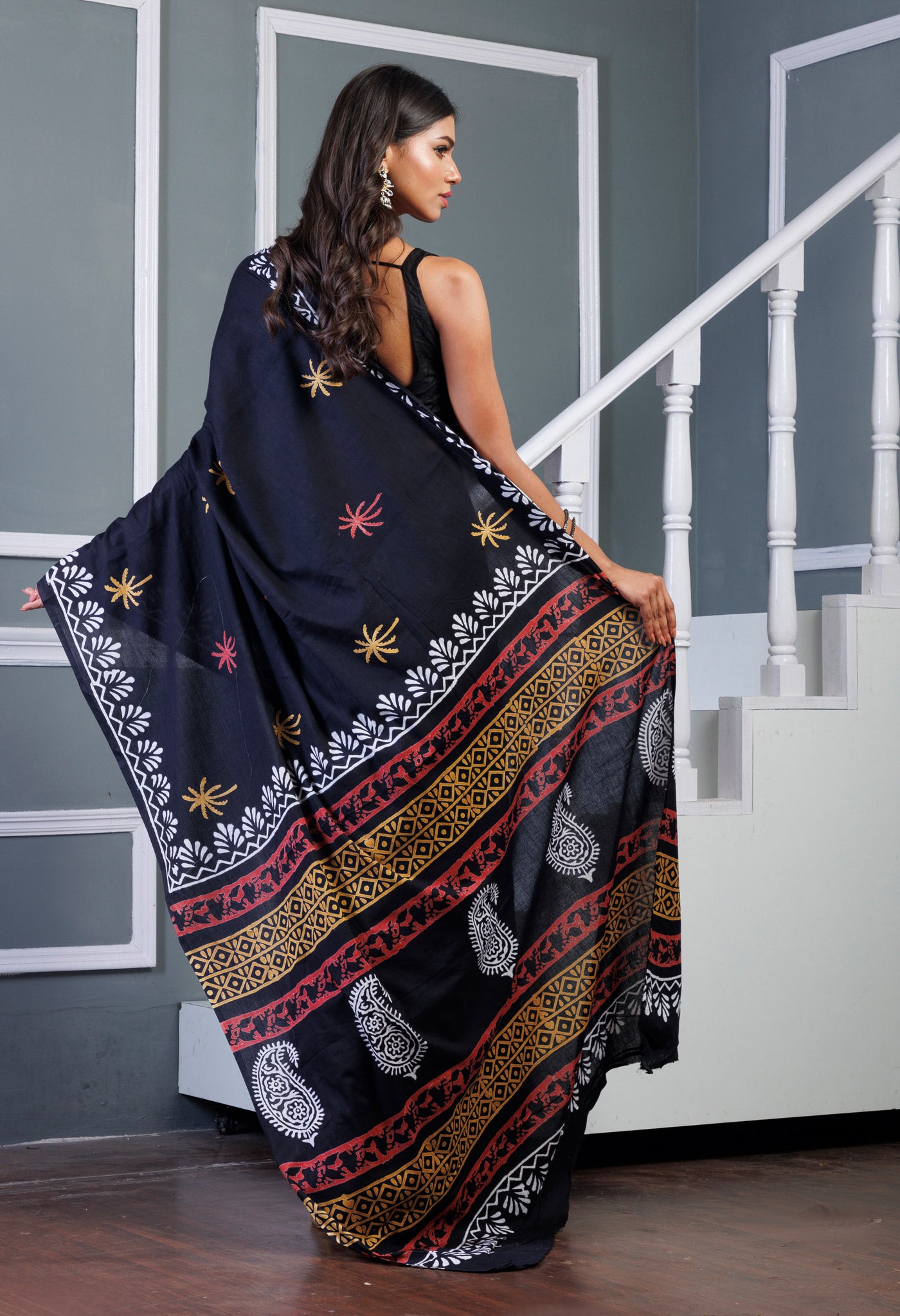 Black Pure Hand Block Printed Soft Cotton Saree