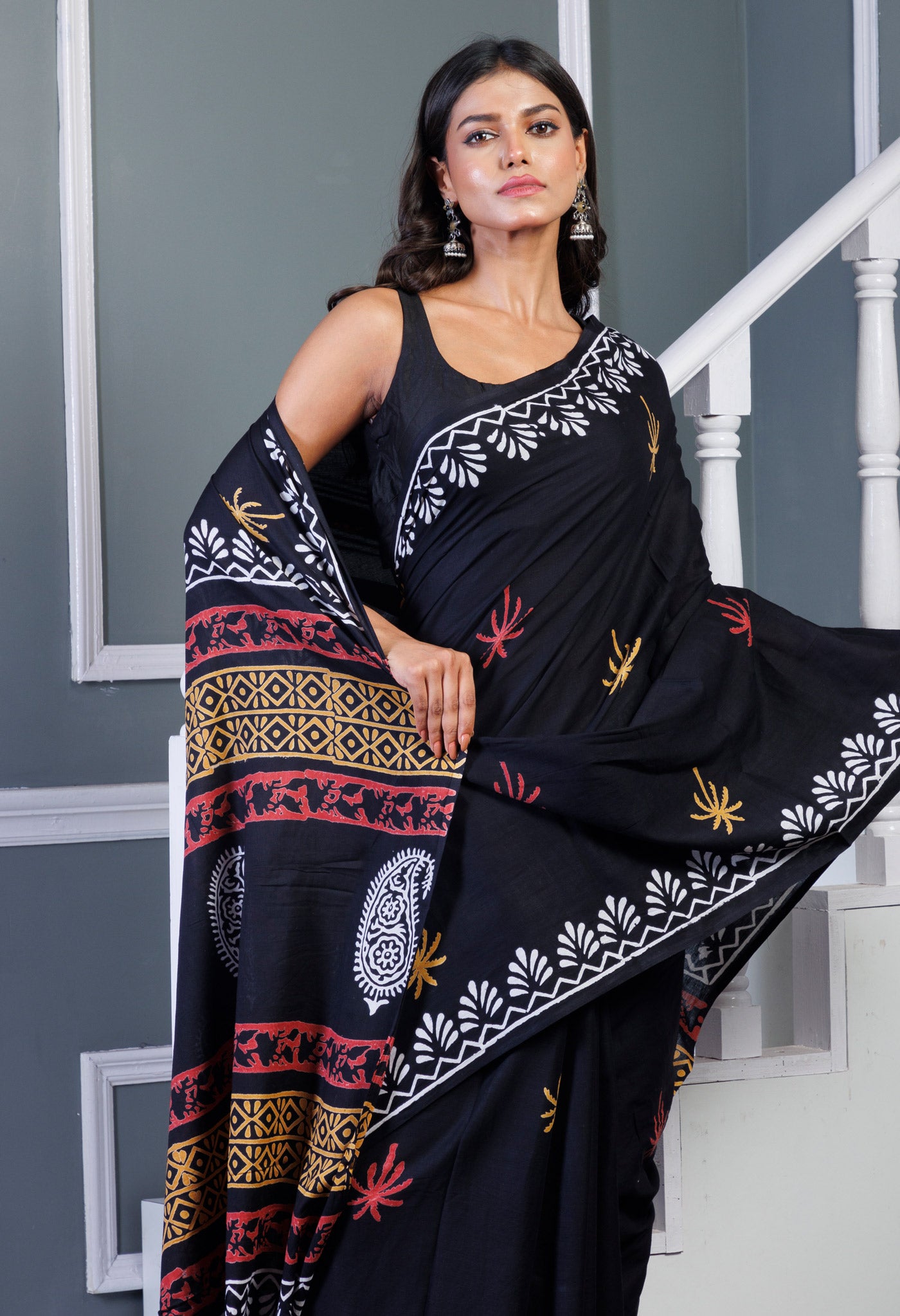 Black Pure Hand Block Printed Soft Cotton Saree