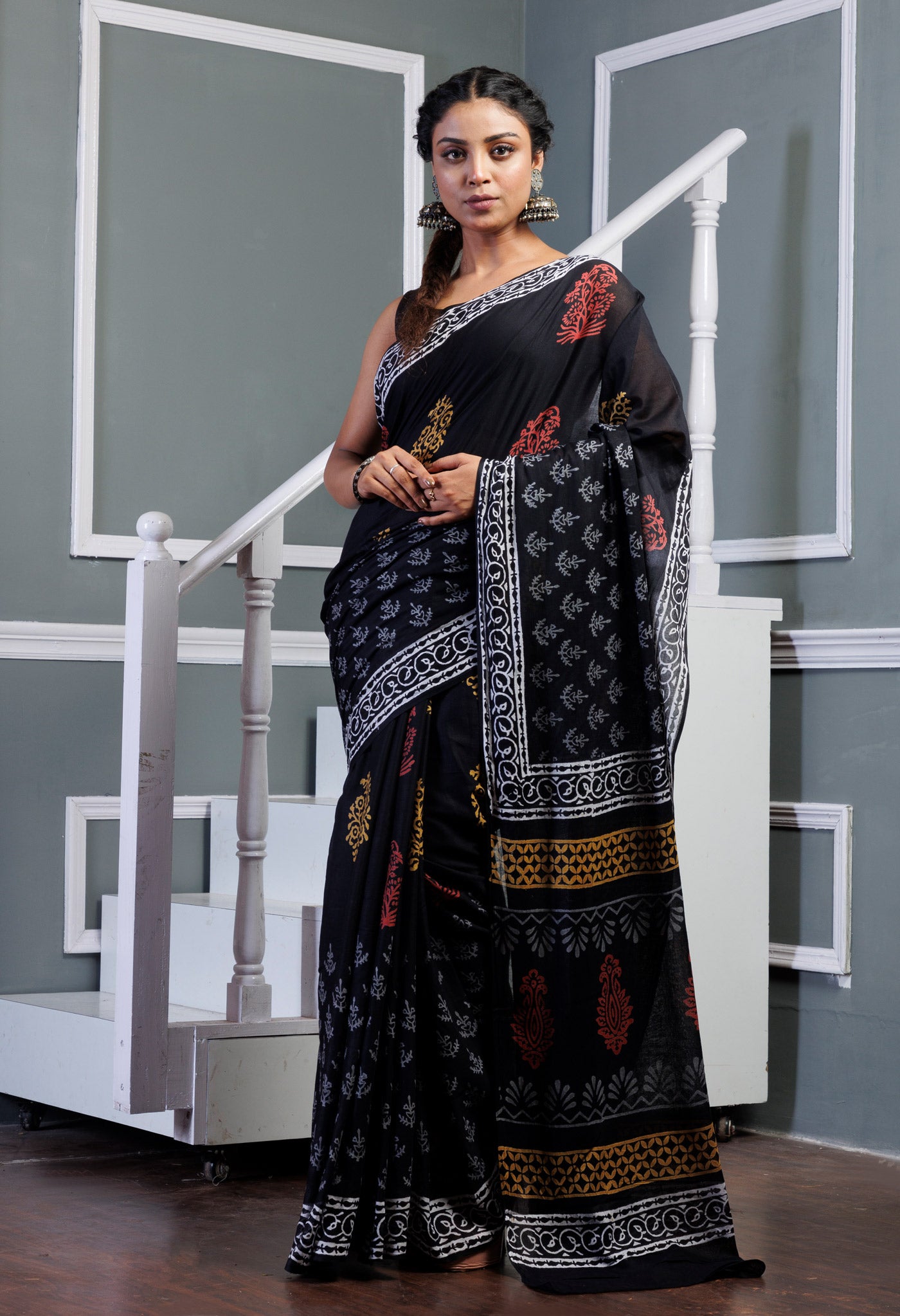 Black Pure Hand Block Printed Soft Cotton Saree