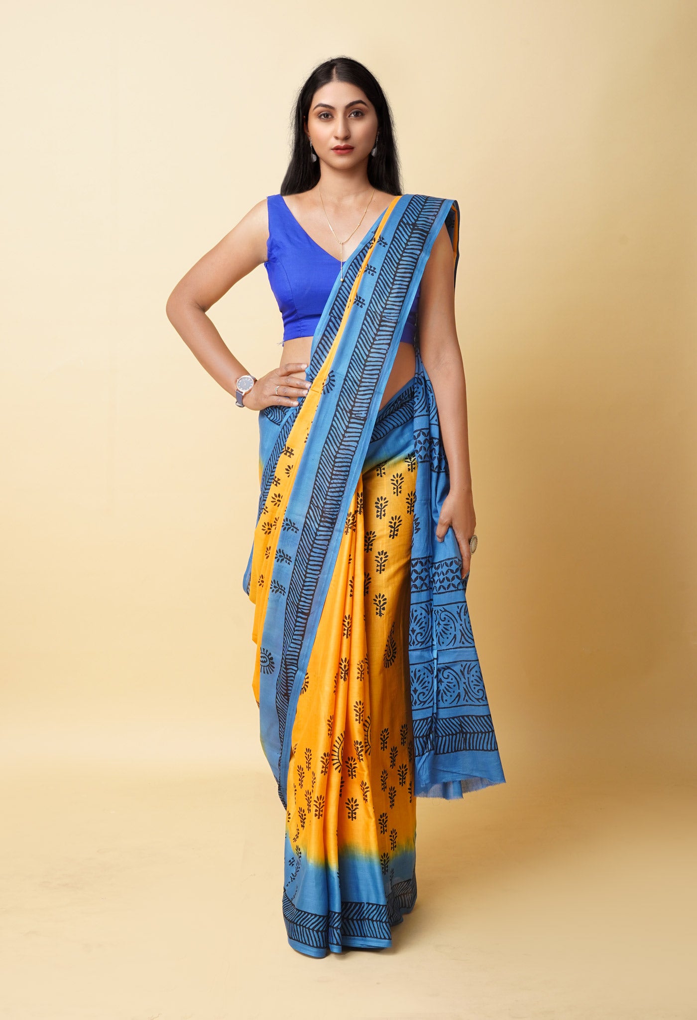 Yellow Pure Dyed Hand Block Printed Soft Cotton Saree