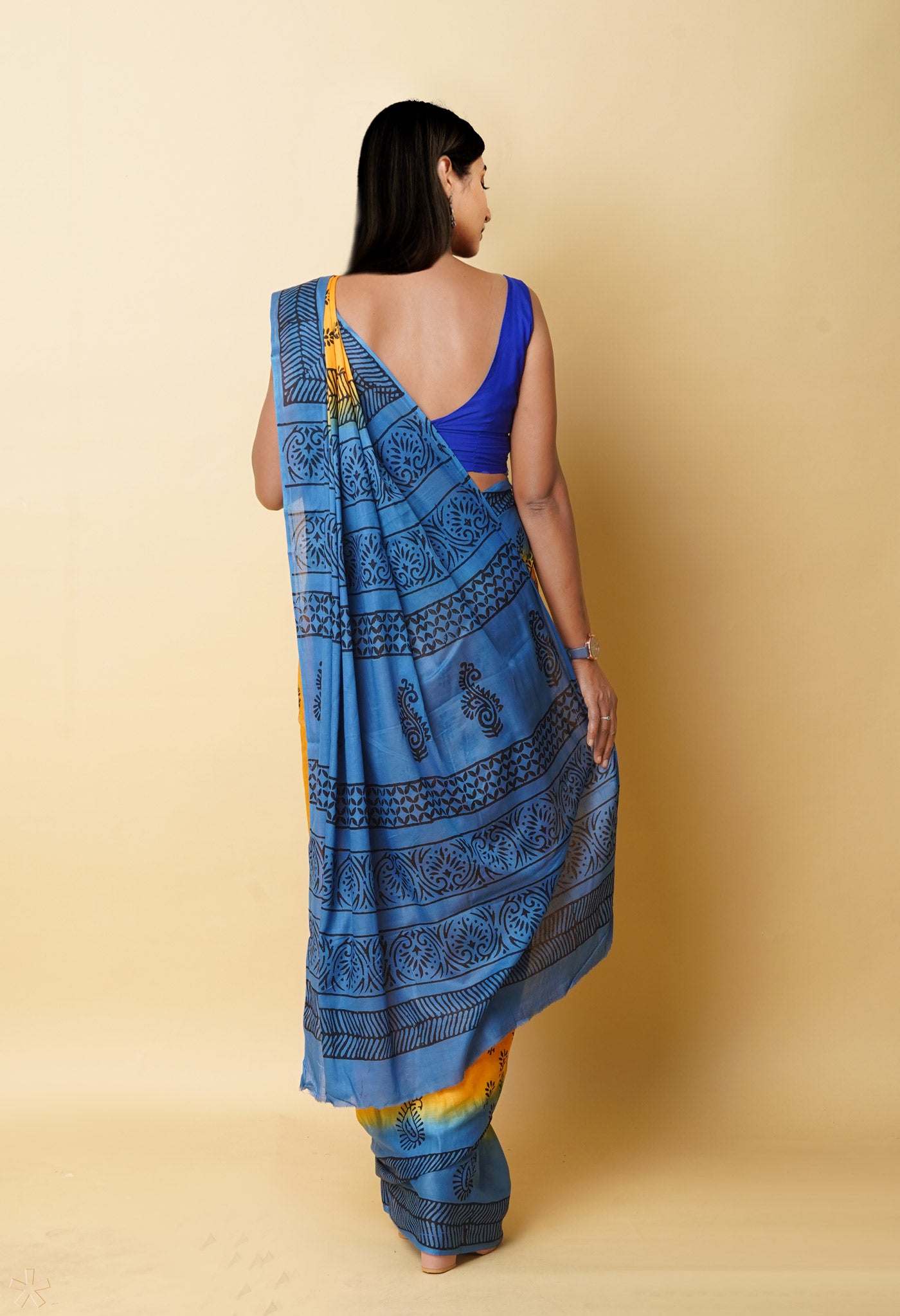 Yellow Pure Dyed Hand Block Printed Soft Cotton Saree