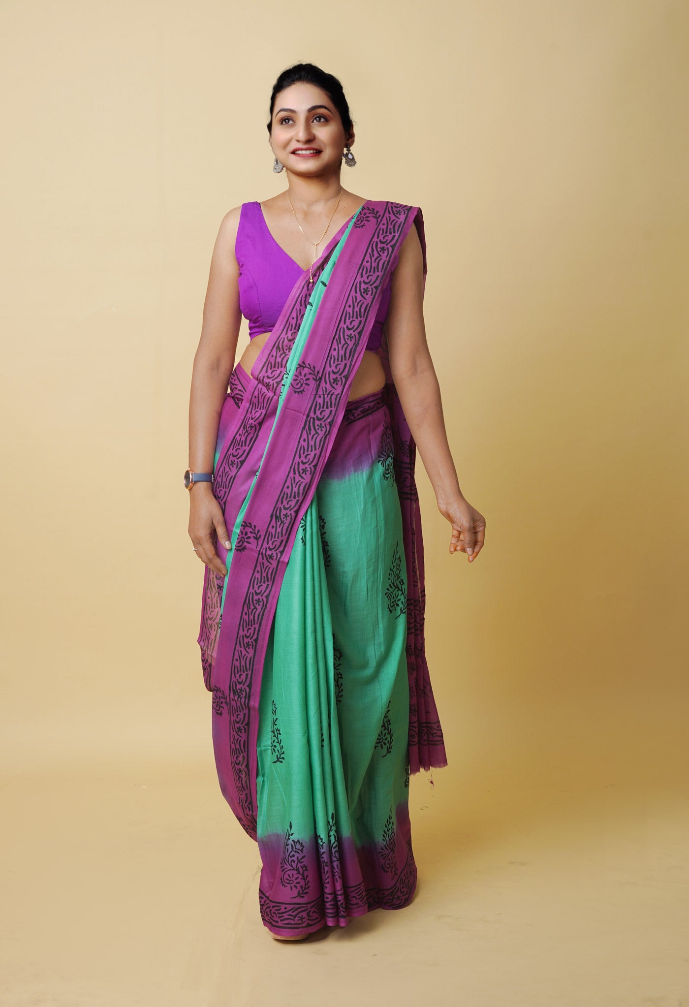 Turquoise Pure Dyed Hand Block Printed Soft Cotton Saree