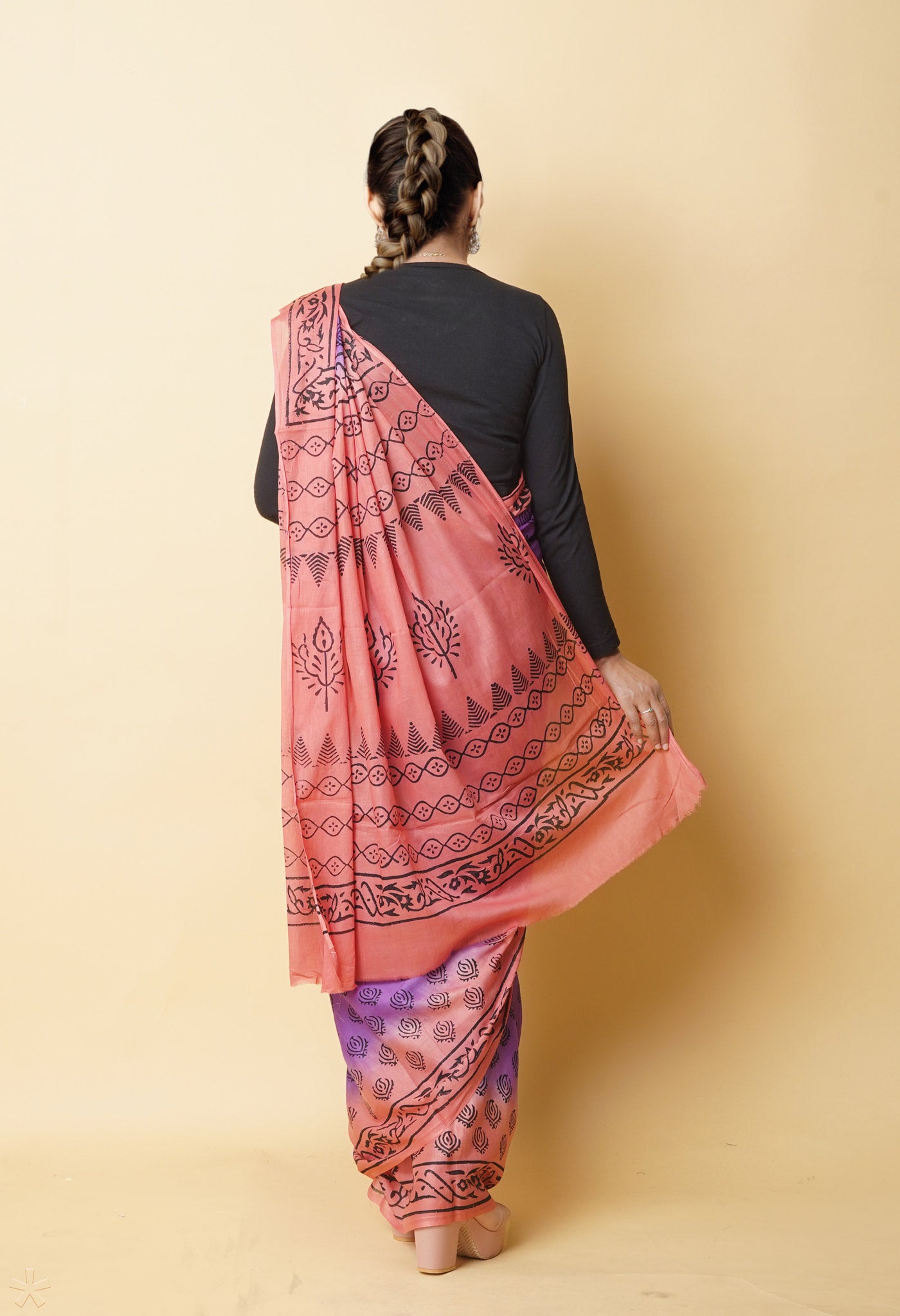 Purple Pure Dyed Hand Block Printed Soft Cotton Saree