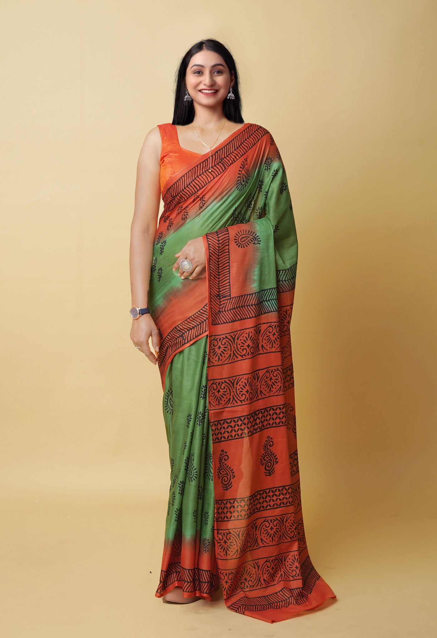 Green Pure Dyed Hand Block Printed Soft Cotton Saree