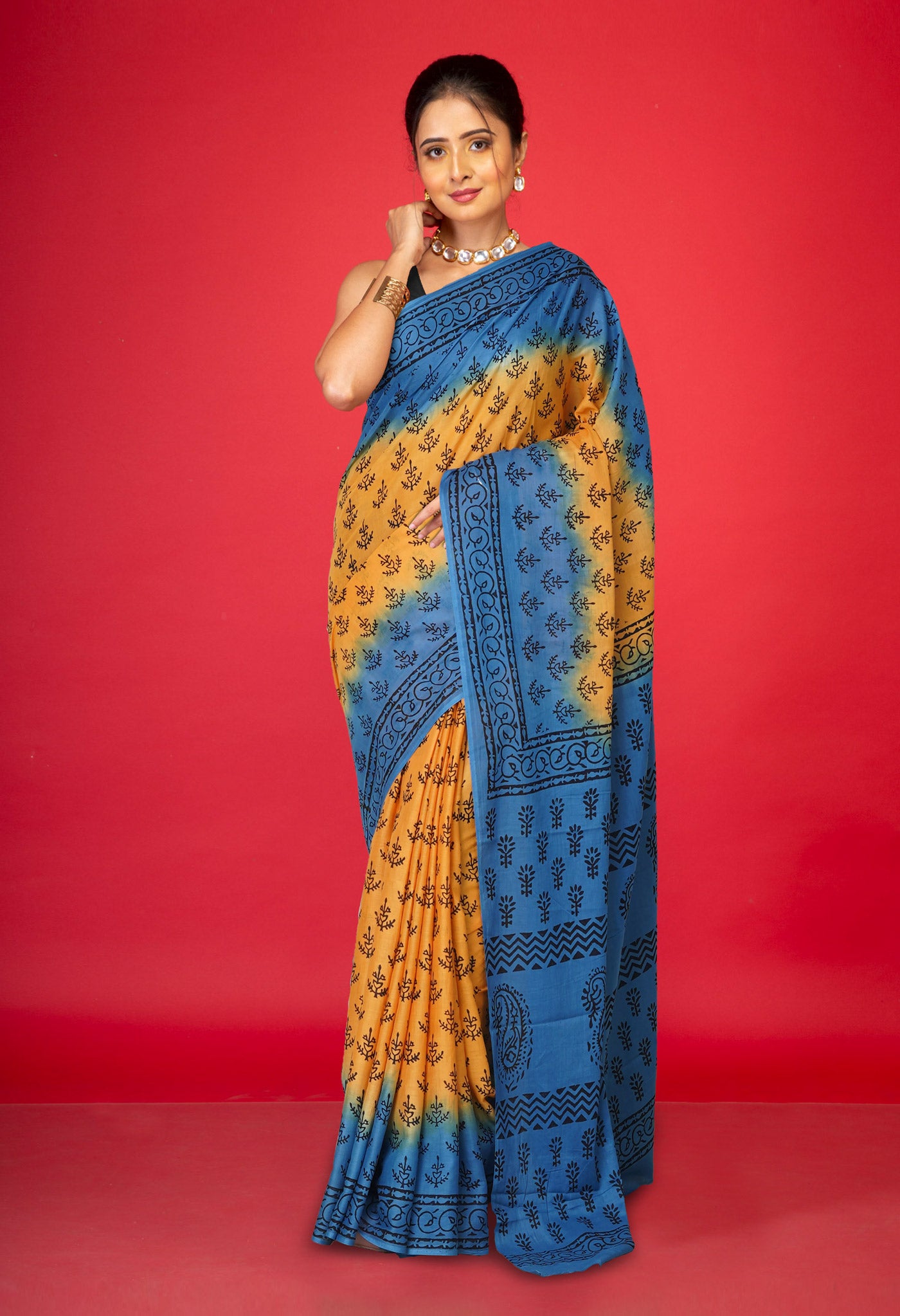 Yellow Pure Dyed Hand Block Printed Soft Cotton Saree-UNM77534