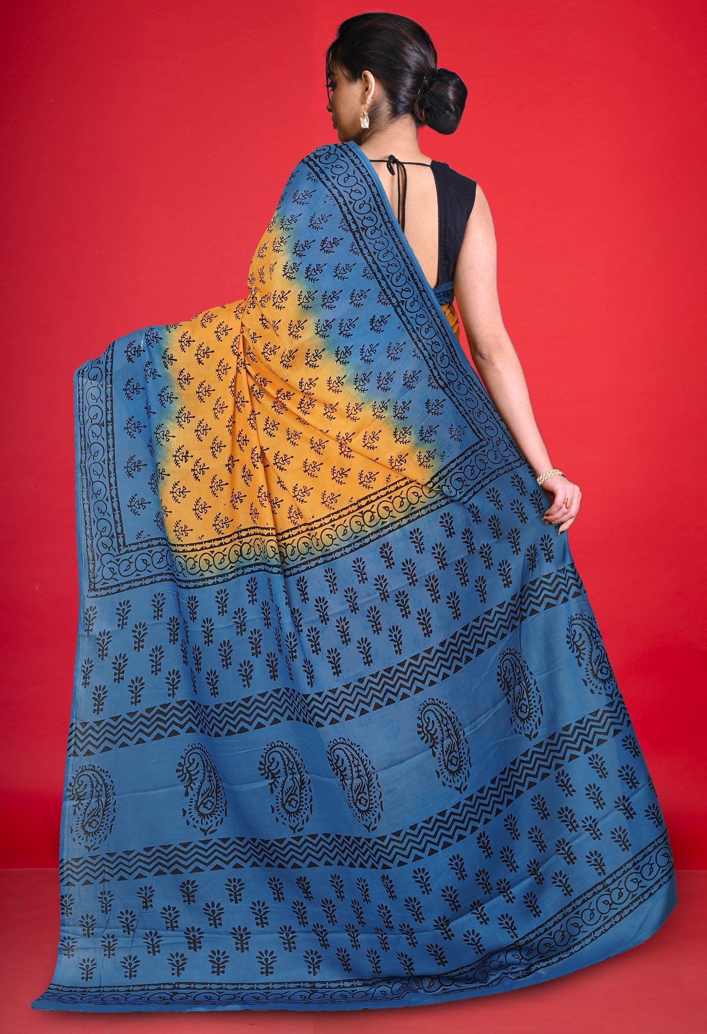 Yellow Pure Dyed Hand Block Printed Soft Cotton Saree-UNM77534