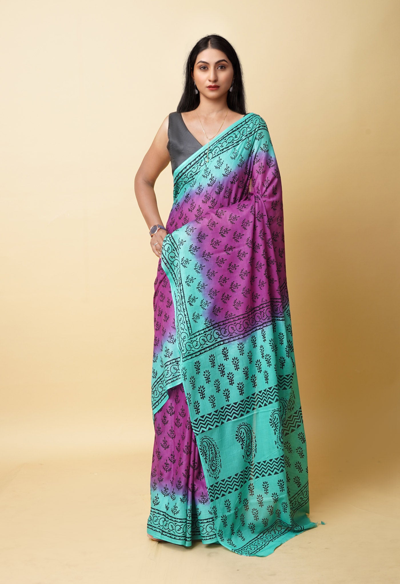 Purple Pure Dyed Hand Block Printed Soft Cotton Saree