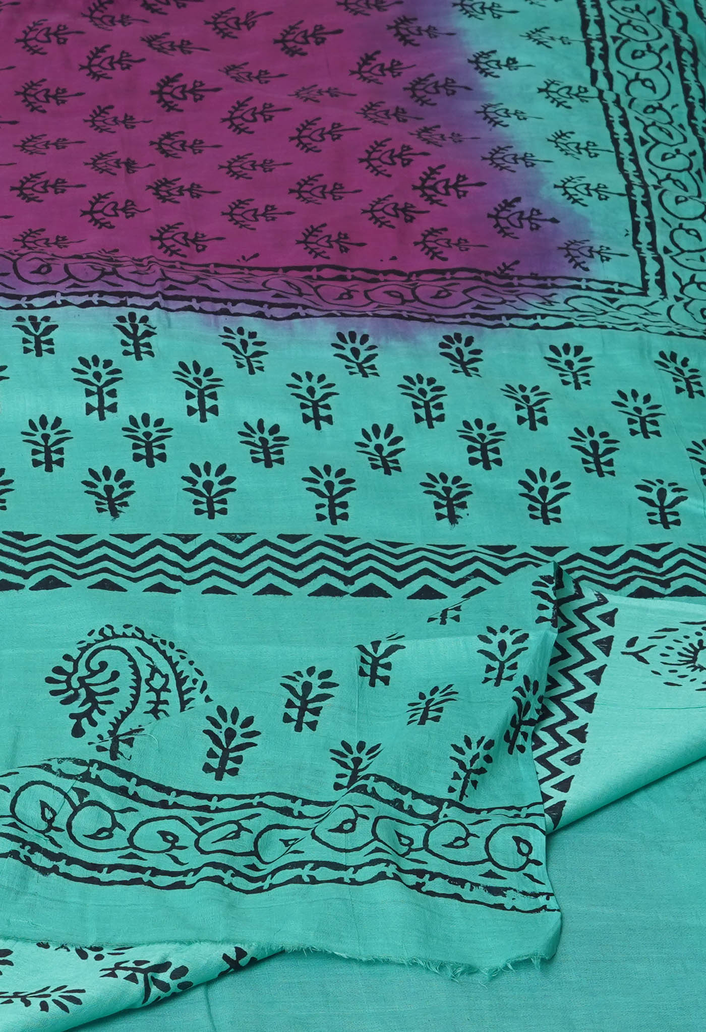 Purple Pure Dyed Hand Block Printed Soft Cotton Saree